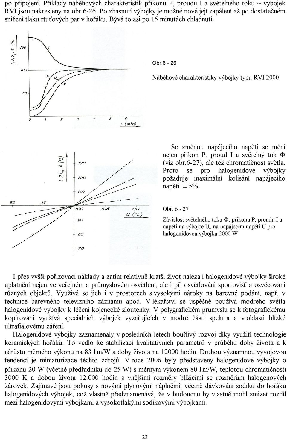 6-26 Náběhové charakteristiky výbojky typu RVI 2000 Se změnou napájecího napětí se mění nejen příkon P, proud I a světelný tok Φ (viz obr.6-27), ale též chromatičnost světla.