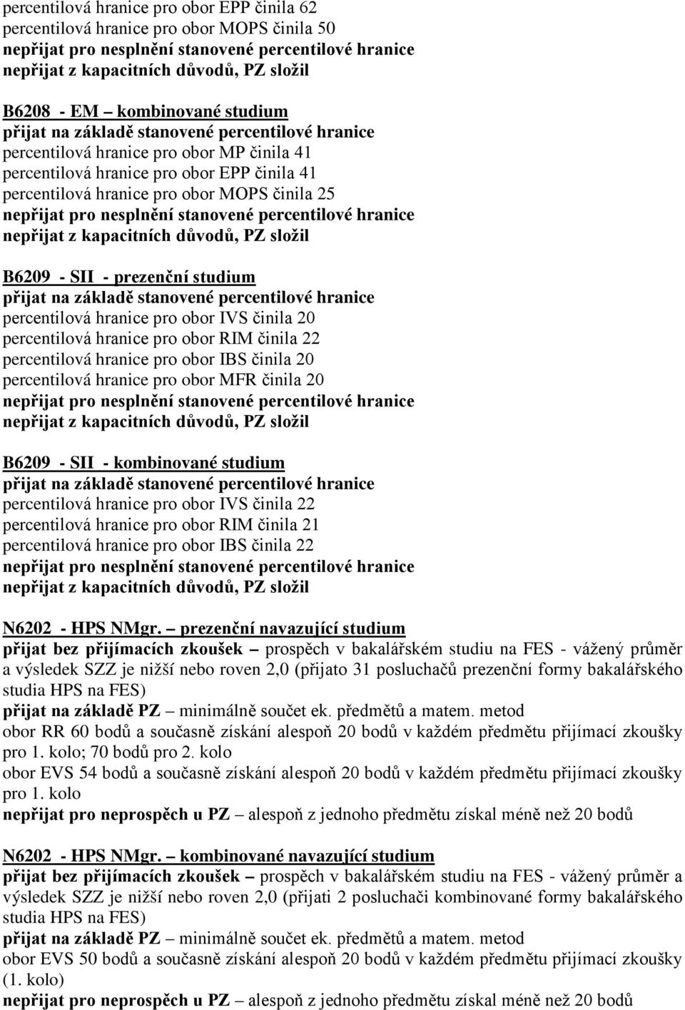 obor IBS činila 20 percentilová hranice pro obor MFR činila 20 B6209 - SII - kombinované studium percentilová hranice pro obor IVS činila 22 percentilová hranice pro obor RIM činila 21 percentilová