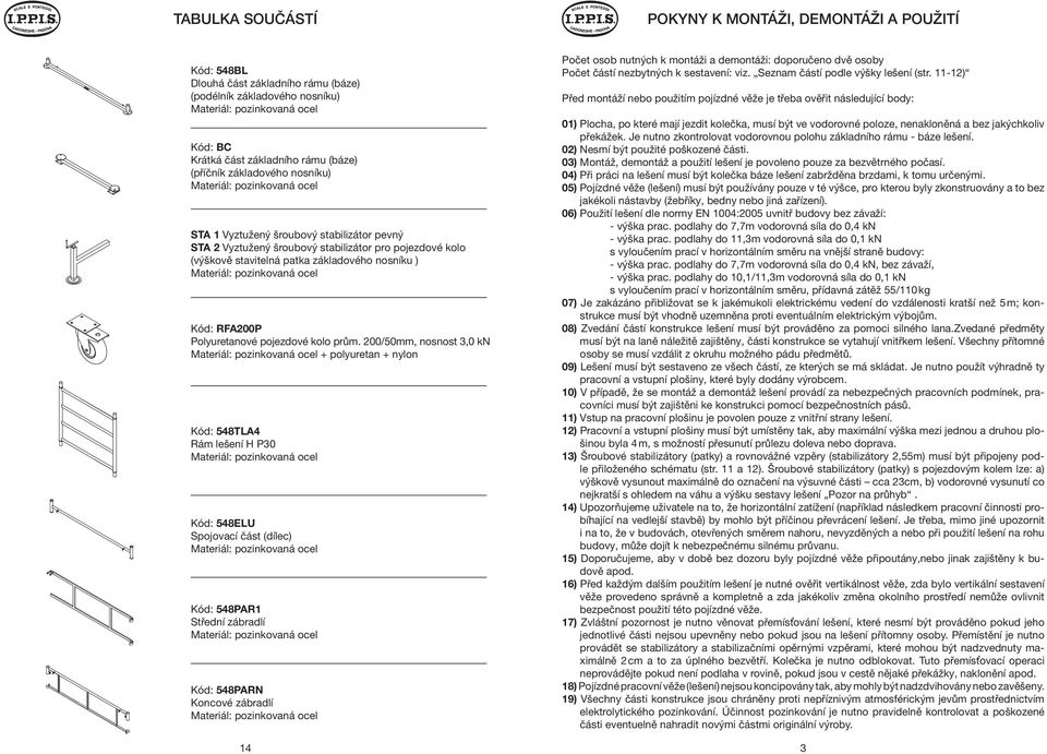 prům. 200/50mm, nosnost 3,0 kn + polyuretan + nylon Kód: 548TLA4 Rám lešení H P30 Kód: 548ELU Spojovací část (dílec) Kód: 548PAR1 Střední zábradlí Kód: 548PARN Koncové zábradlí 14 Počet osob nutných