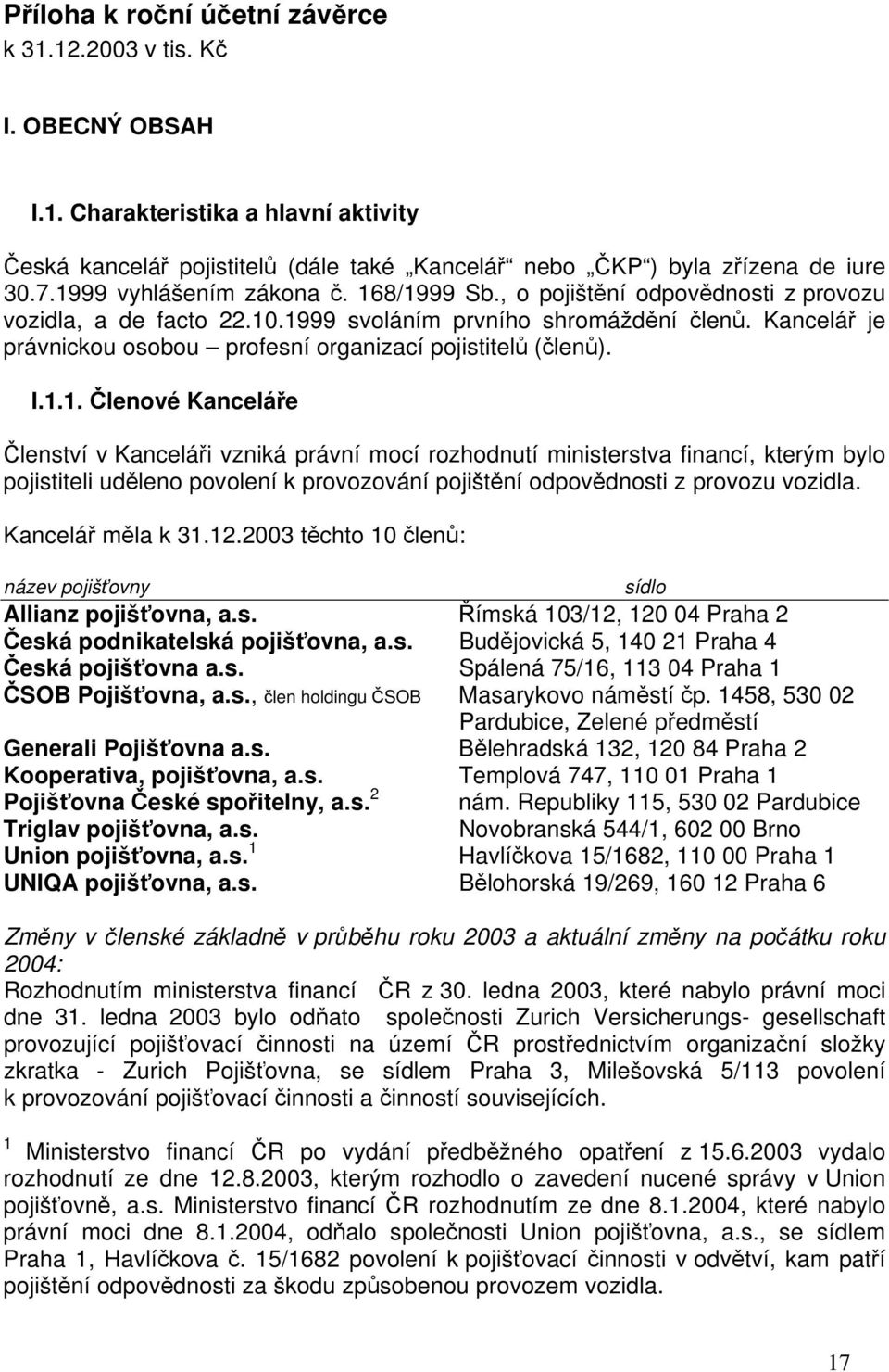 Kancelář je právnickou osobou profesní organizací pojistitelů (členů). I.1.