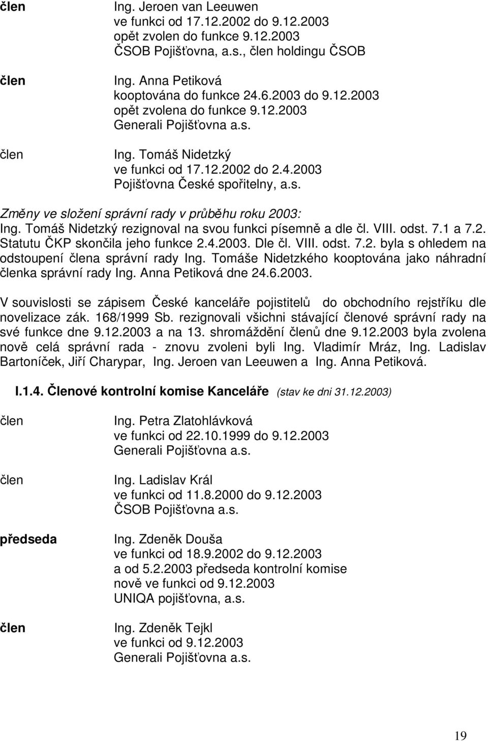 Tomáš Nidetzký rezignoval na svou funkci písemně a dle čl. VIII. odst. 7.1 a 7.2. Statutu ČKP skončila jeho funkce 2.4.2003. Dle čl. VIII. odst. 7.2. byla s ohledem na odstoupení člena správní rady Ing.