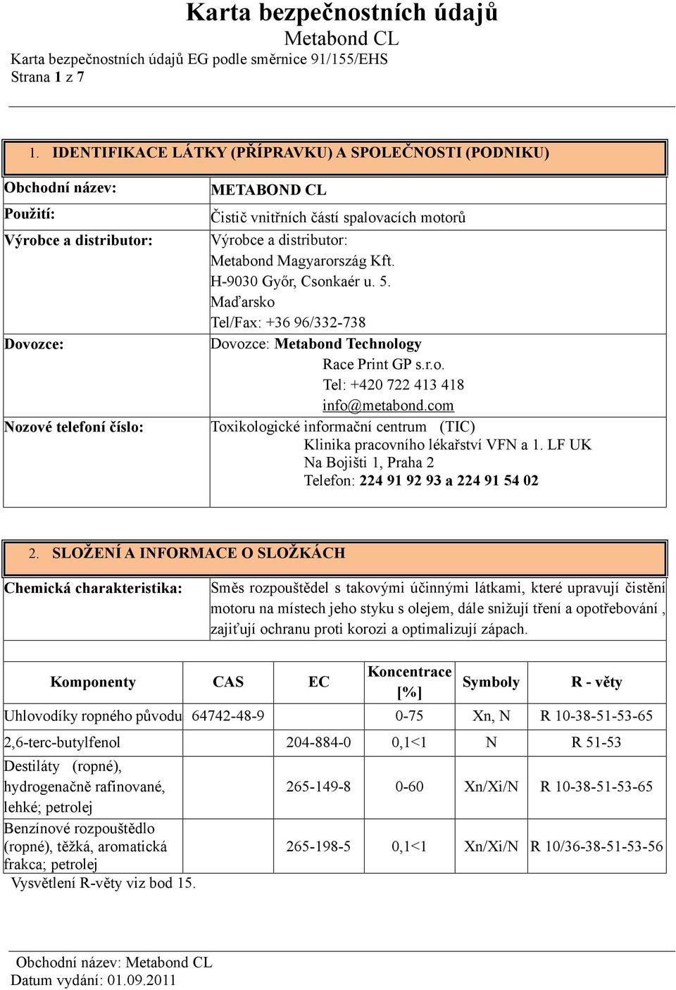 distributor: Metabond Magyarország Kft. H-9030 Győr, Csonkaér u. 5. Maďarsko Tel/Fax: +36 96/332-738 Dovozce: Metabond Technology Race Print GP s.r.o. Tel: +420 722 413 418 info@metabond.