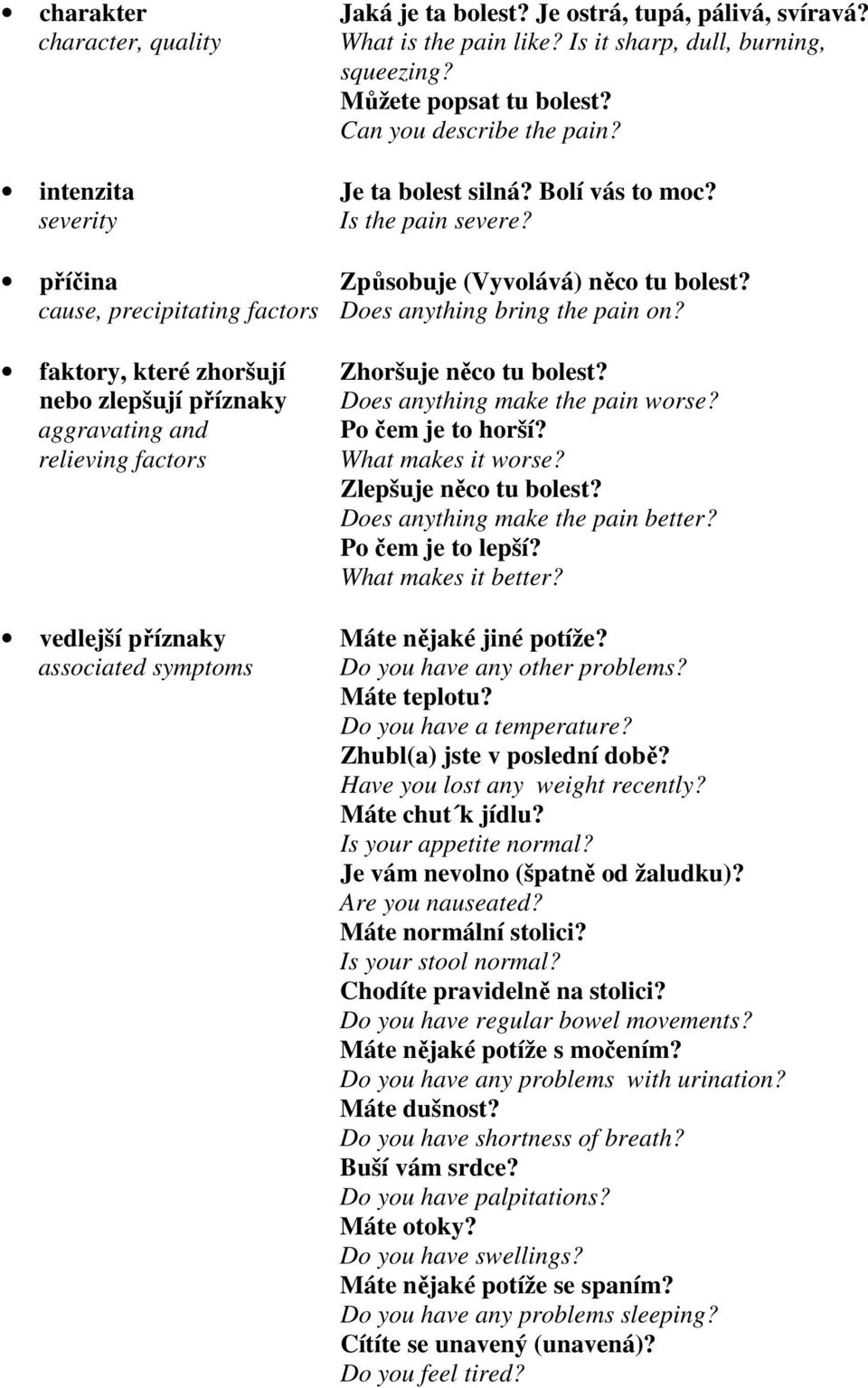 faktory, které zhoršují Zhoršuje něco tu bolest? nebo zlepšují příznaky Does anything make the pain worse? aggravating and Po čem je to horší? relieving factors What makes it worse?