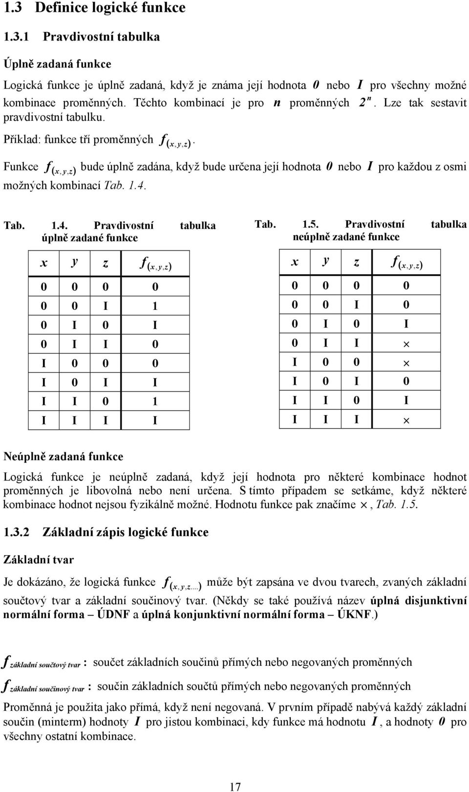 Příklad: funkce tří proměnných ( x z ) f, Funkce ( x, z ) bude úplně zadána, kdž bude určena její hodnota 0 nebo I pro každou z osmi možných kombinací Tab. 1.4.