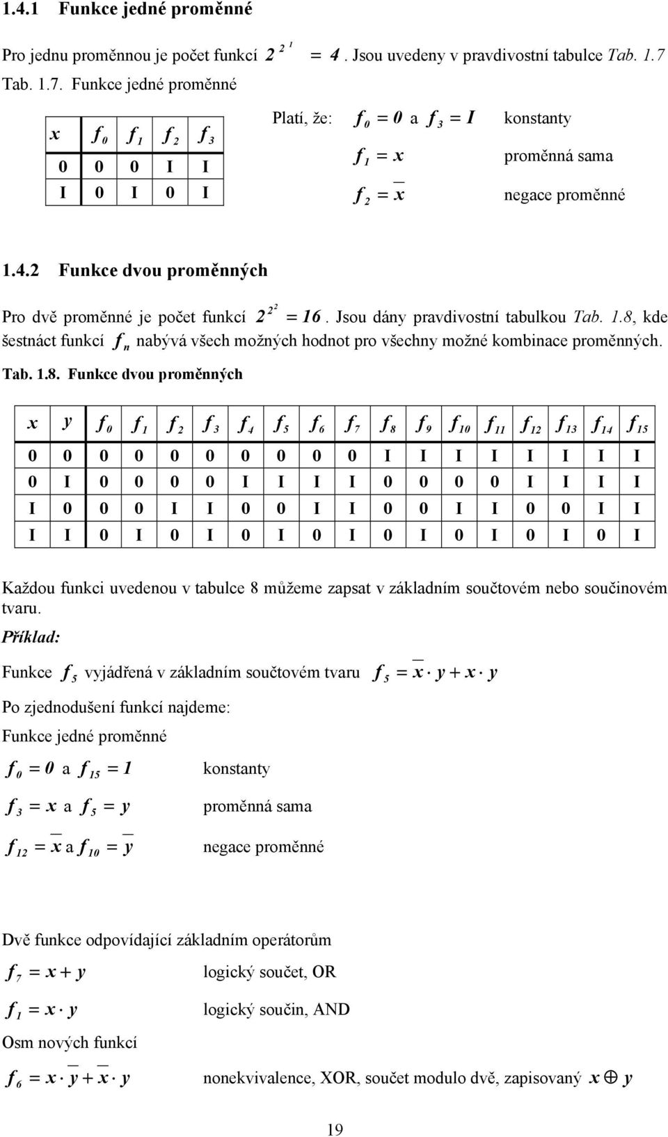 2 Funkce dvou proměnných 2 Pro dvě proměnné je počet funkcí = 16. Jsou dán pravdivostní tabulkou Tab. 1.8,