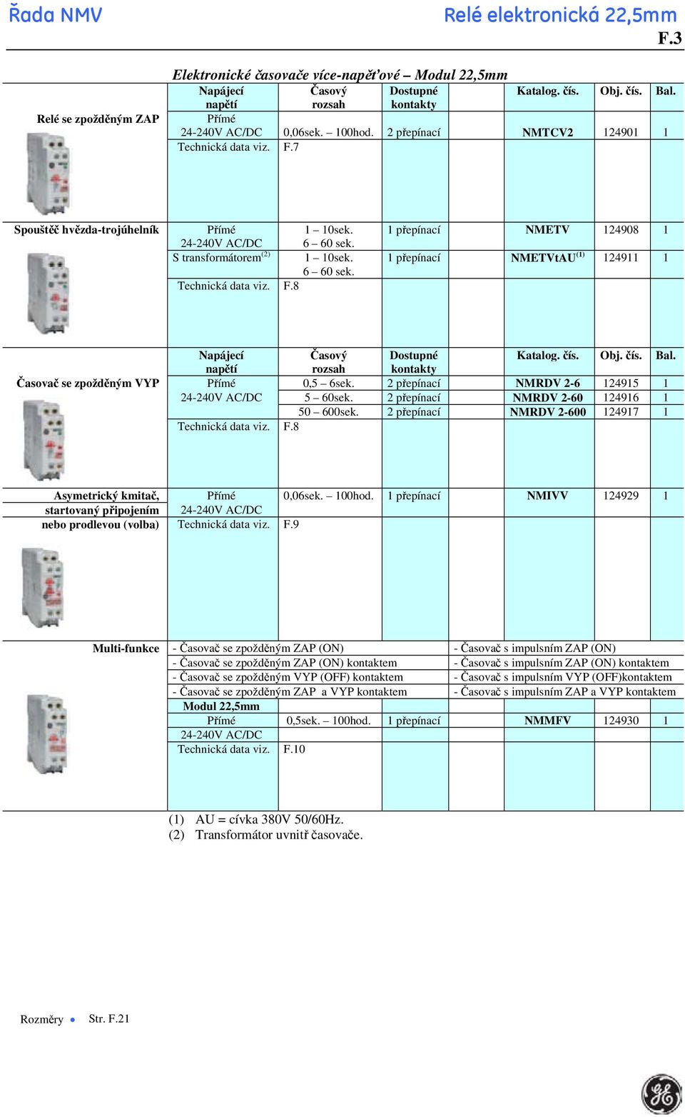 1 přepínací NMETV 124908 1 24-240V AC/DC 6 60 sek. S transformátorem (2) 1 10sek. 1 přepínací NMETVtAU (1) 124911 1 6 60 sek. Technická data viz. F.8 Napájecí Časový Dostupné Katalog. čís. Obj. čís. Bal.