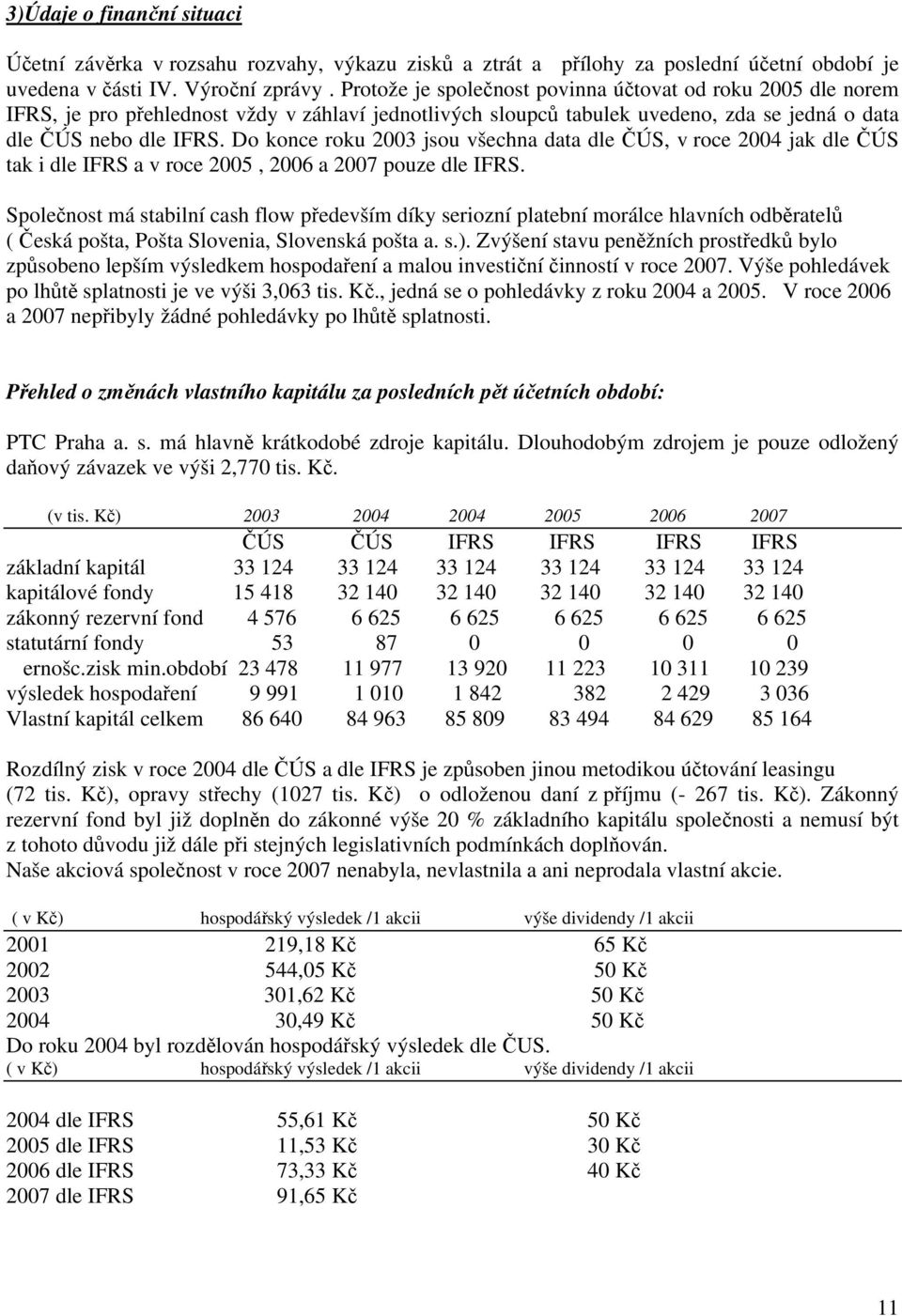 Do konce roku 2003 jsou všechna data dle ČÚS, v roce 2004 jak dle ČÚS tak i dle IFRS a v roce 2005, 2006 a 2007 pouze dle IFRS.