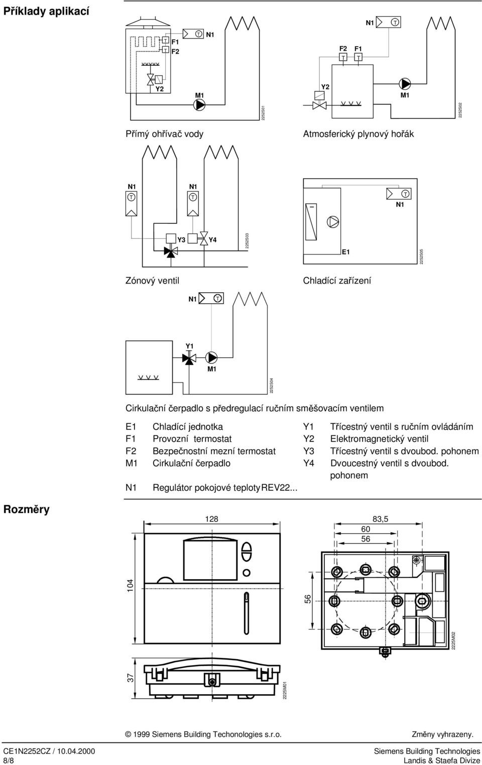 F2 Bezpeþnostní mezní termostat Y3 ícestný ventil s dvoubod. pohonem Cirkulaþní þerpadlo Y4 Dvoucestný ventil s dvoubod. pohonem Regulátor pokojové teploty REV22.