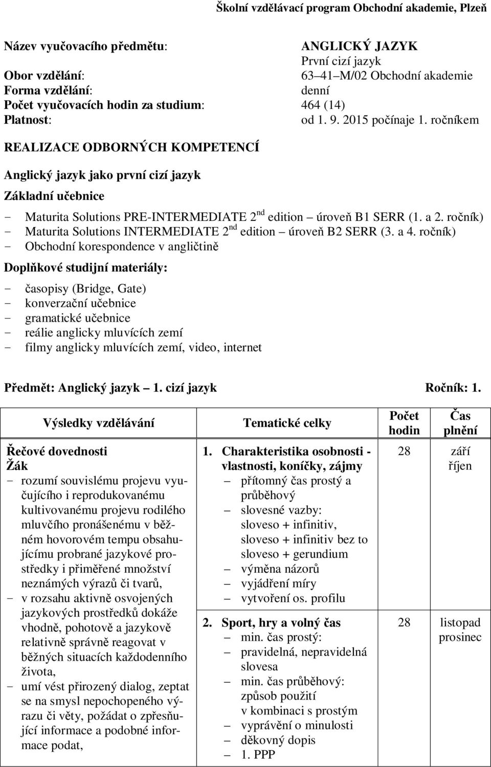 ro ník) - Maturita Solutions INTERMEDIATE nd edition úrove B SERR (3. a.