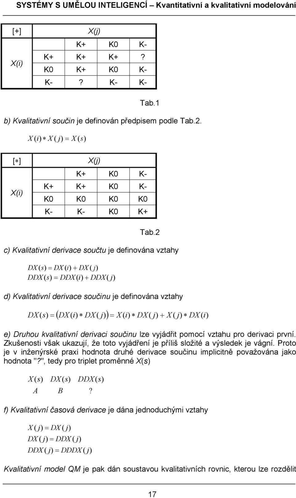 2 c) Kvalitativní derivace součtu je definována vztahy DX ( s) = DX ( i) + DX ( j) DDX ( s) = DDX( i) + DDX( j) d) Kvalitativní derivace součinu je definována vztahy ( DX ( i) DX ( j) ) = X ( i) DX (