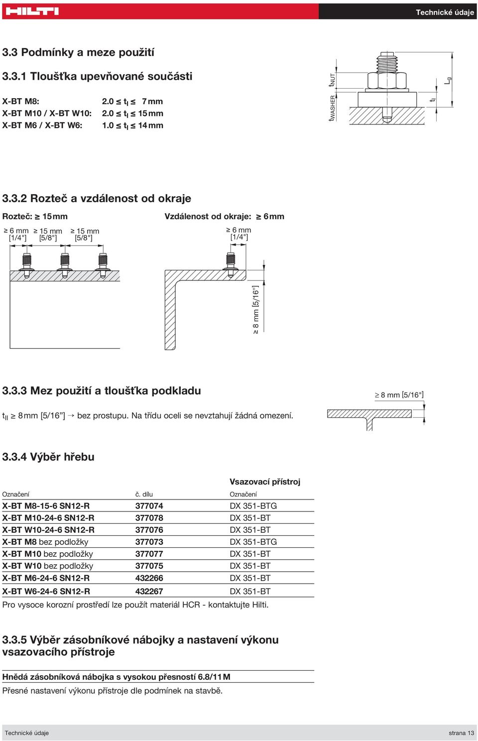 dílu Označení Vsazovací přístroj X-BT M8-15-6 SN12-R 377074 DX 351-BTG X-BT M10-24-6 SN12-R 377078 DX 351-BT X-BT W10-24-6 SN12-R 377076 DX 351-BT X-BT M8 bez podložky 377073 DX 351-BTG X-BT M10 bez