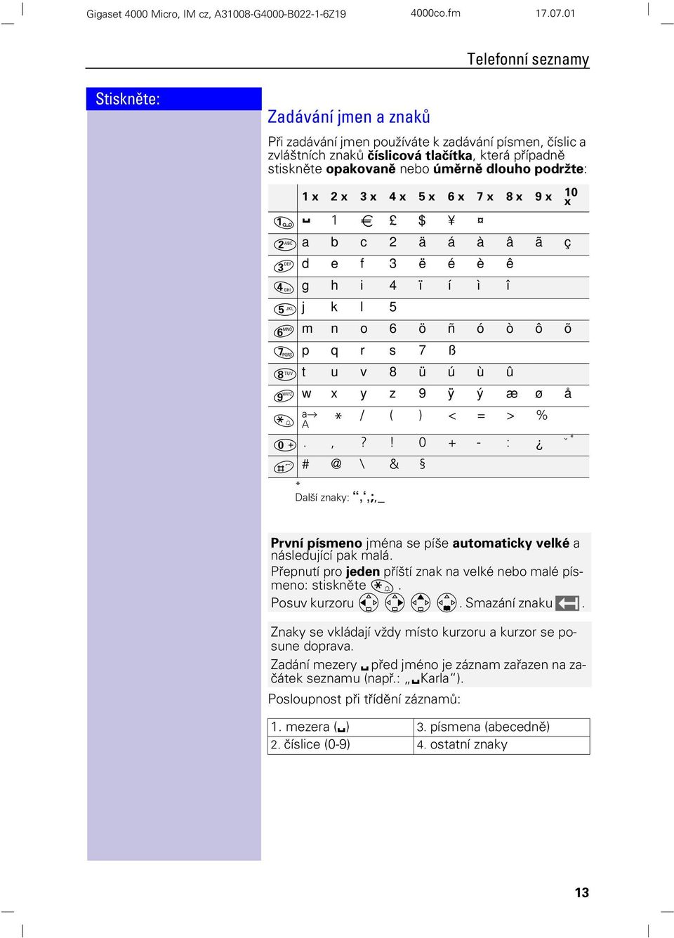 %.,?! 0 + - : ˇ * ( # @ \ & * Další znaky:,,;,_ První písmeno jména se píše automaticky velké a následující pak malá. Přepnutí pro jeden příští znak na velké nebo malé písmeno: stiskněte.