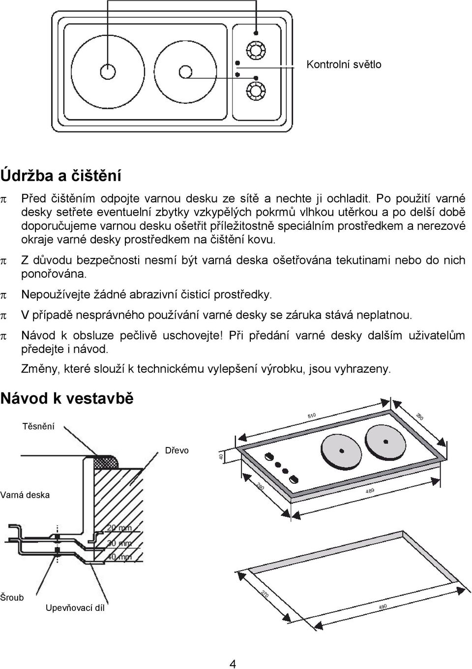 varné desky prostředkem na čištění kovu. Z důvodu bezpečnosti nesmí být varná deska ošetřována tekutinami nebo do nich ponořována. Nepoužívejte žádné abrazivní čisticí prostředky.