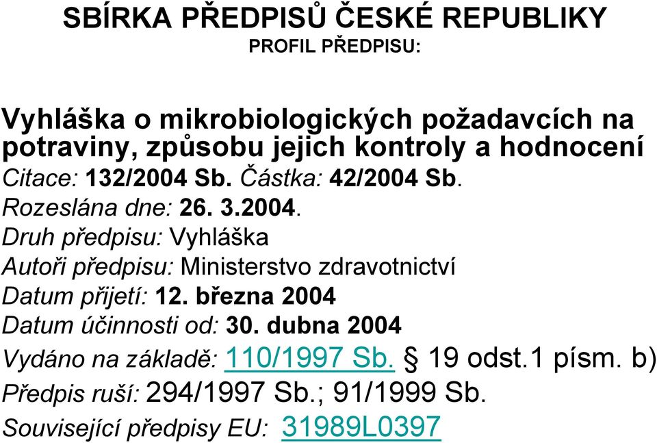 Sb. Částka: 42/2004 Sb. Rozeslána dne: 26. 3.2004. Druh předpisu: Vyhláška Autoři předpisu: Ministerstvo zdravotnictví Datum přijetí: 12.