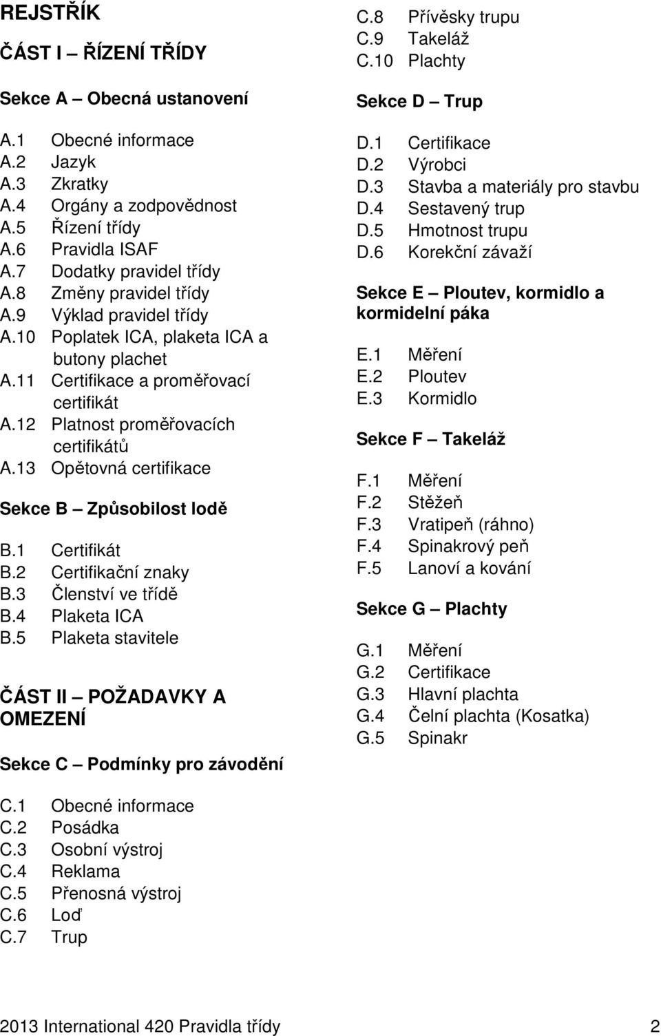 13 Opětovná certifikace Sekce B Způsobilost lodě B.1 Certifikát B.2 Certifikační znaky B.3 Členství ve třídě B.4 Plaketa ICA B.