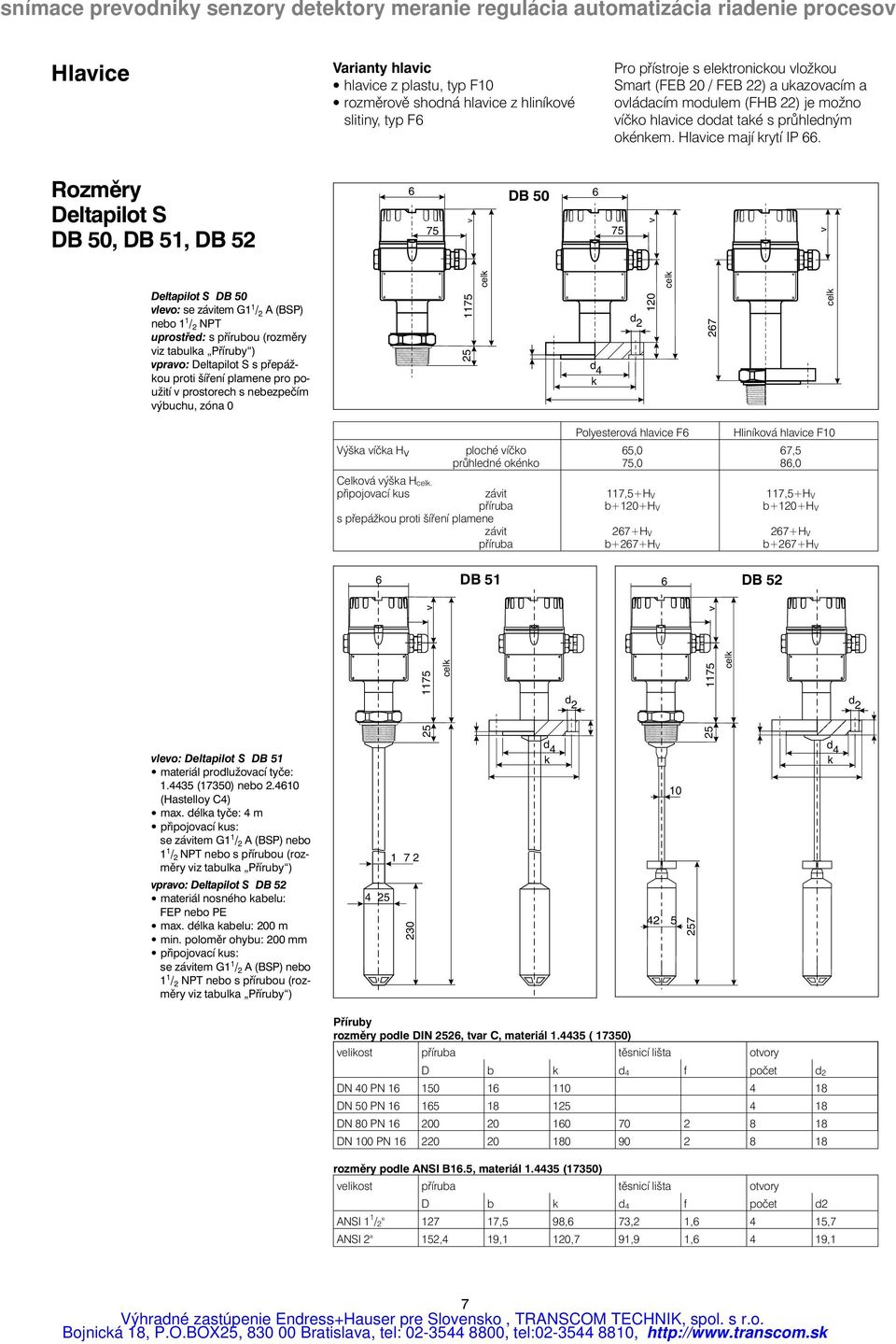 Rozměry Deltapilot S DB 50, DB 51, DB 52 6 6 v DB 50 75 75 v v Deltapilot S DB 50 vlevo: se závitem G1 1 / 2 A (BSP) nebo 1 1 / 2 NPT uprostřed: s přírubou (rozměry viz tabulka Příruby ) vpravo: