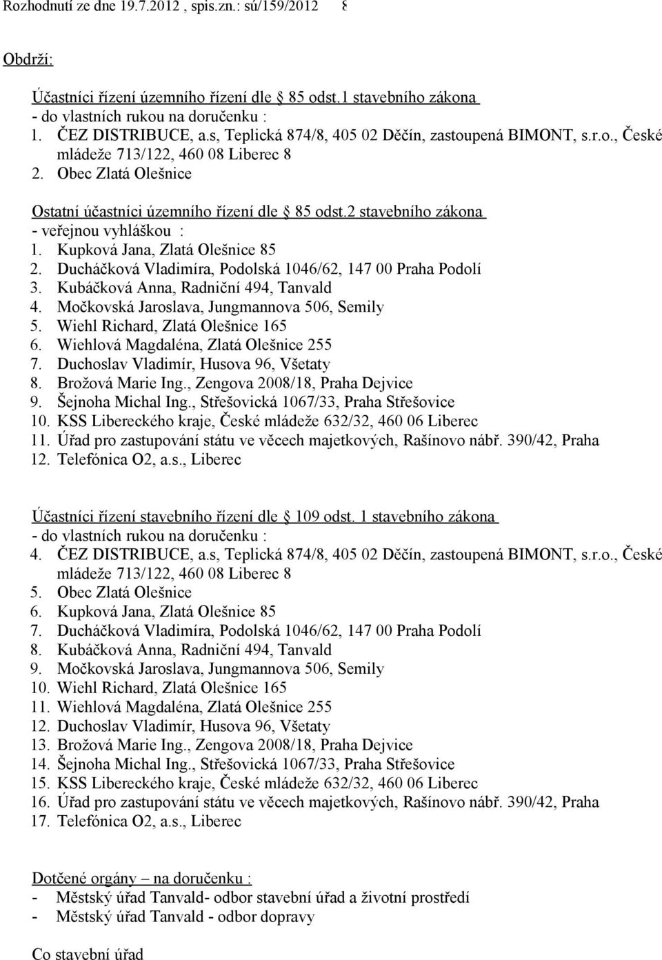 Ducháčková Vladimíra, Podolská 1046/62, 147 00 Praha Podolí 3. Kubáčková Anna, Radniční 494, Tanvald 4. Močkovská Jaroslava, Jungmannova 506, Semily 5. Wiehl Richard, Zlatá Olešnice 165 6.