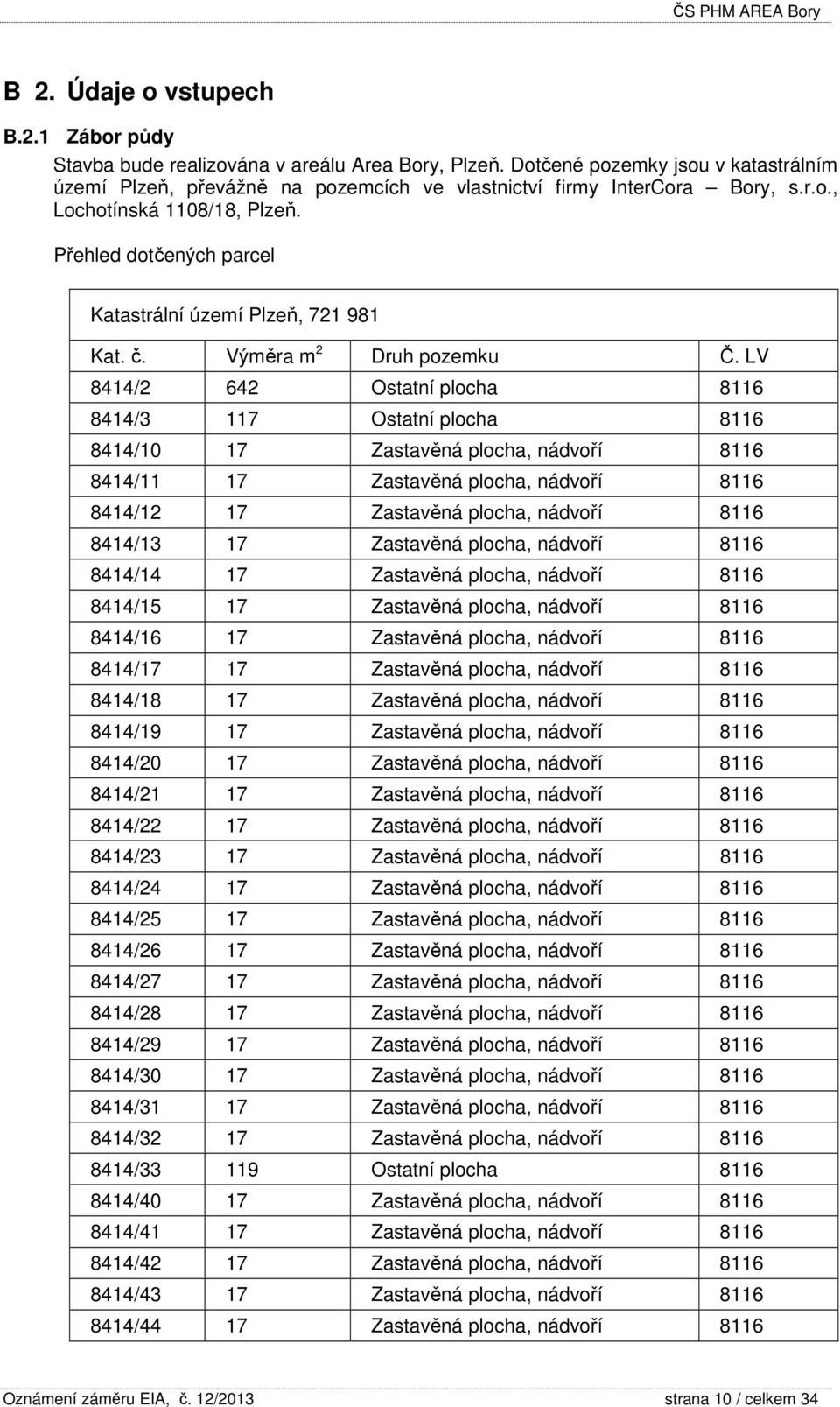 LV 8414/2 642 Ostatní plocha 8116 8414/3 117 Ostatní plocha 8116 8414/10 17 Zastavěná plocha, nádvoří 8116 8414/11 17 Zastavěná plocha, nádvoří 8116 8414/12 17 Zastavěná plocha, nádvoří 8116 8414/13