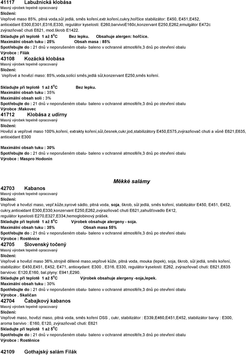 škrob E1422.. Obsahuje alergen: hořčice. Maximální obsah tuku : 25% Obsah masa : 85% 43108 Kozácká klobása Vepřové a hovězí maso: 85%,voda,solící směs,jedlá sůl,konzervant E250,směs koření.
