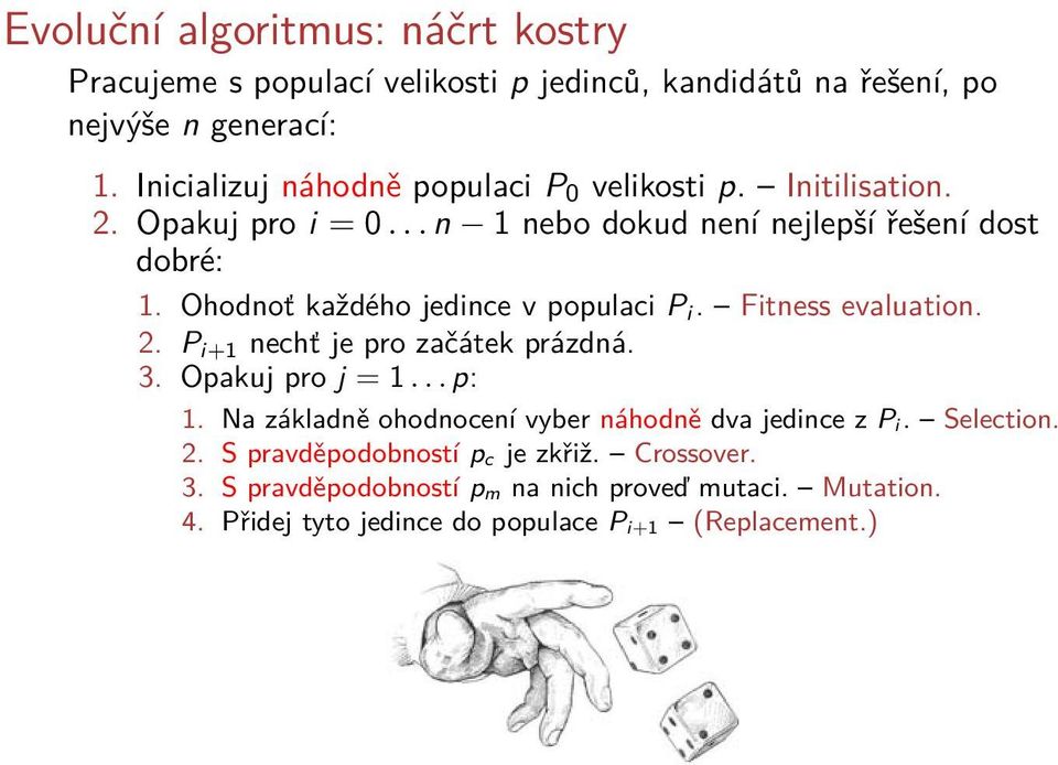 Ohodnoť každého jedince v populaci P i. Fitness evaluation. 2. P i+1 nechť je pro začátek prázdná. 3. Opakuj pro j = 1... p: 1.