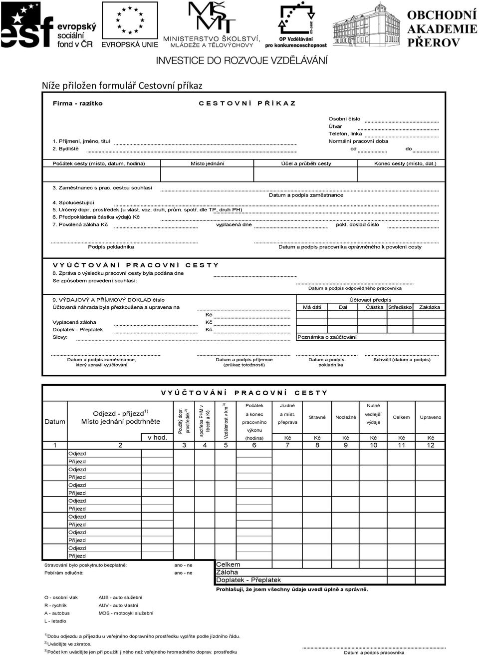 cestou souhlasí 4. Spolucestující 5. Určený dopr. prostředek (u vlast. voz. druh, prům. spotř. dle TP, druh PH) 6. Předpokládaná částka výdajů Datum a podpis zaměstnance 7.