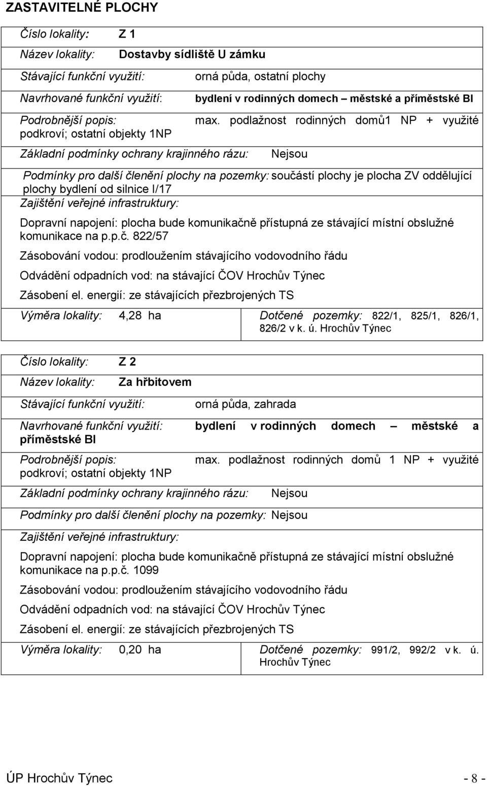 podlažnost rodinných domů1 NP + využité Nejsou Podmínky pro další členění plochy na pozemky: součástí plochy je plocha ZV oddělující plochy bydlení od silnice I/17 Zajištění veřejné infrastruktury: