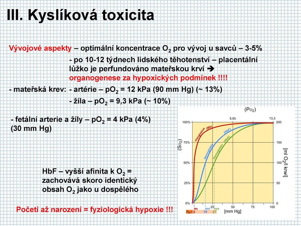 !!! - mateřská krev: - artérie po 2 = 12 kpa (90 mm Hg) (~ 13%) - žíla po 2 = 9,3 kpa (~ 10%) - fetální arterie a žíly po