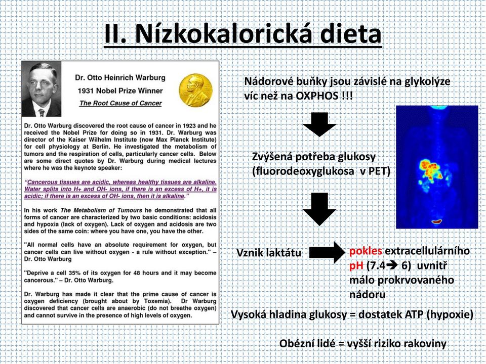 !! Zvýšená potřeba glukosy (fluorodeoxyglukosa v PET) Vznik laktátu pokles