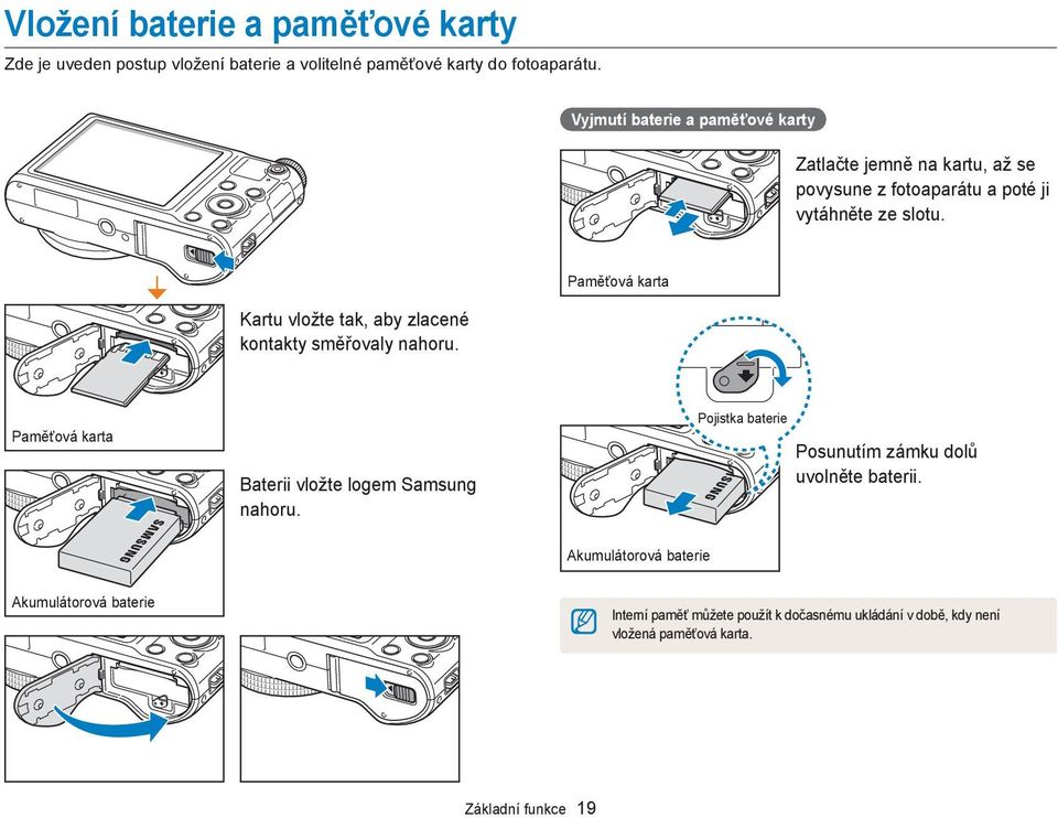 Kartu vložte tak, aby zlacené kontakty směřovaly nahoru. Paměťová karta Paměťová karta Baterii vložte logem Samsung nahoru.