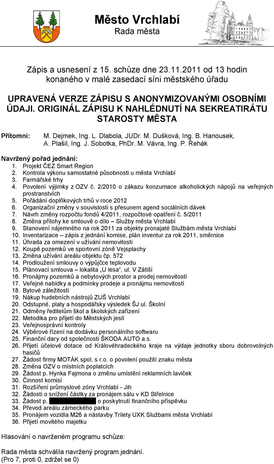 Projekt ČEZ Smart Region 2. Kontrola výkonu samostatné působnosti u města Vrchlabí 3. Farmářské trhy 4. Povolení výjimky zozv č.