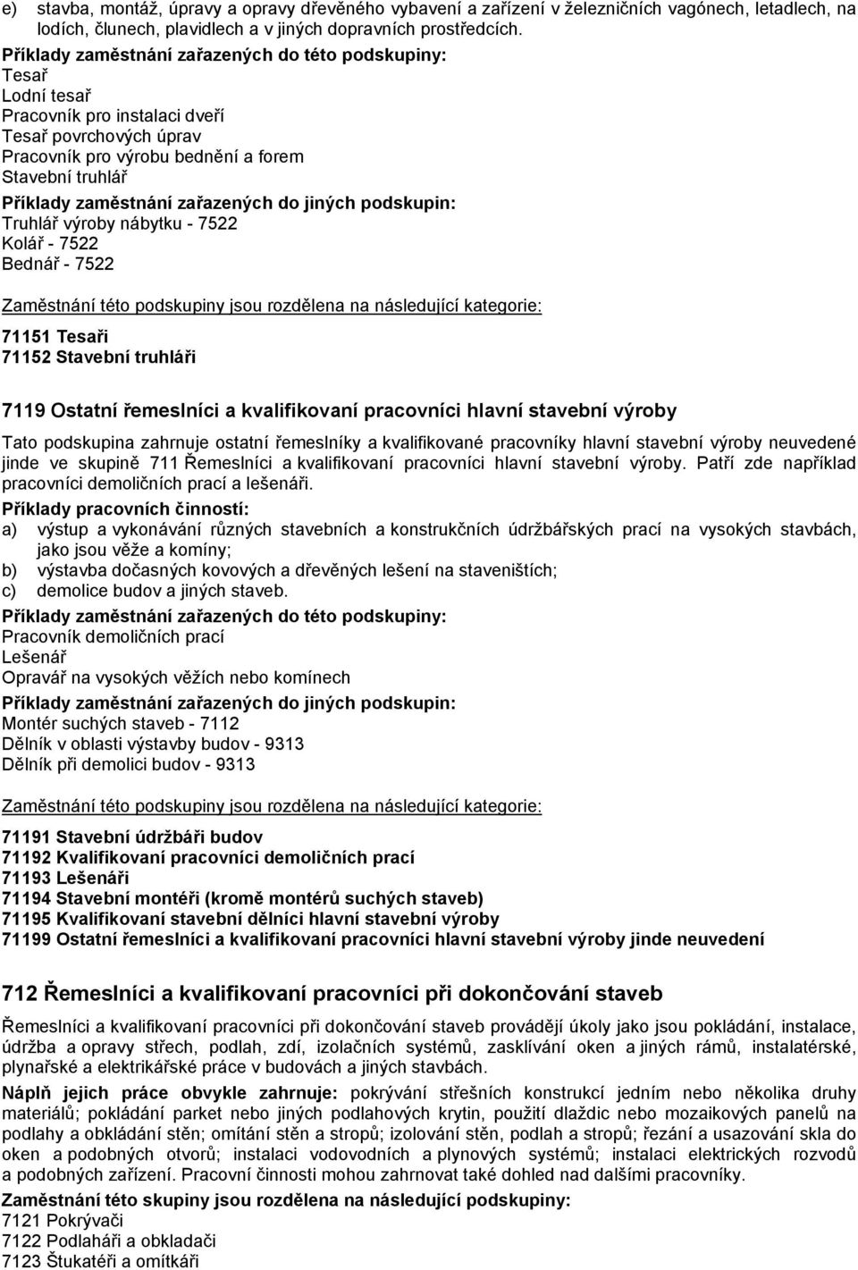 71152 Stavební truhláři 7119 Ostatní řemeslníci a kvalifikovaní pracovníci hlavní stavební výroby Tato podskupina zahrnuje ostatní řemeslníky a kvalifikované pracovníky hlavní stavební výroby