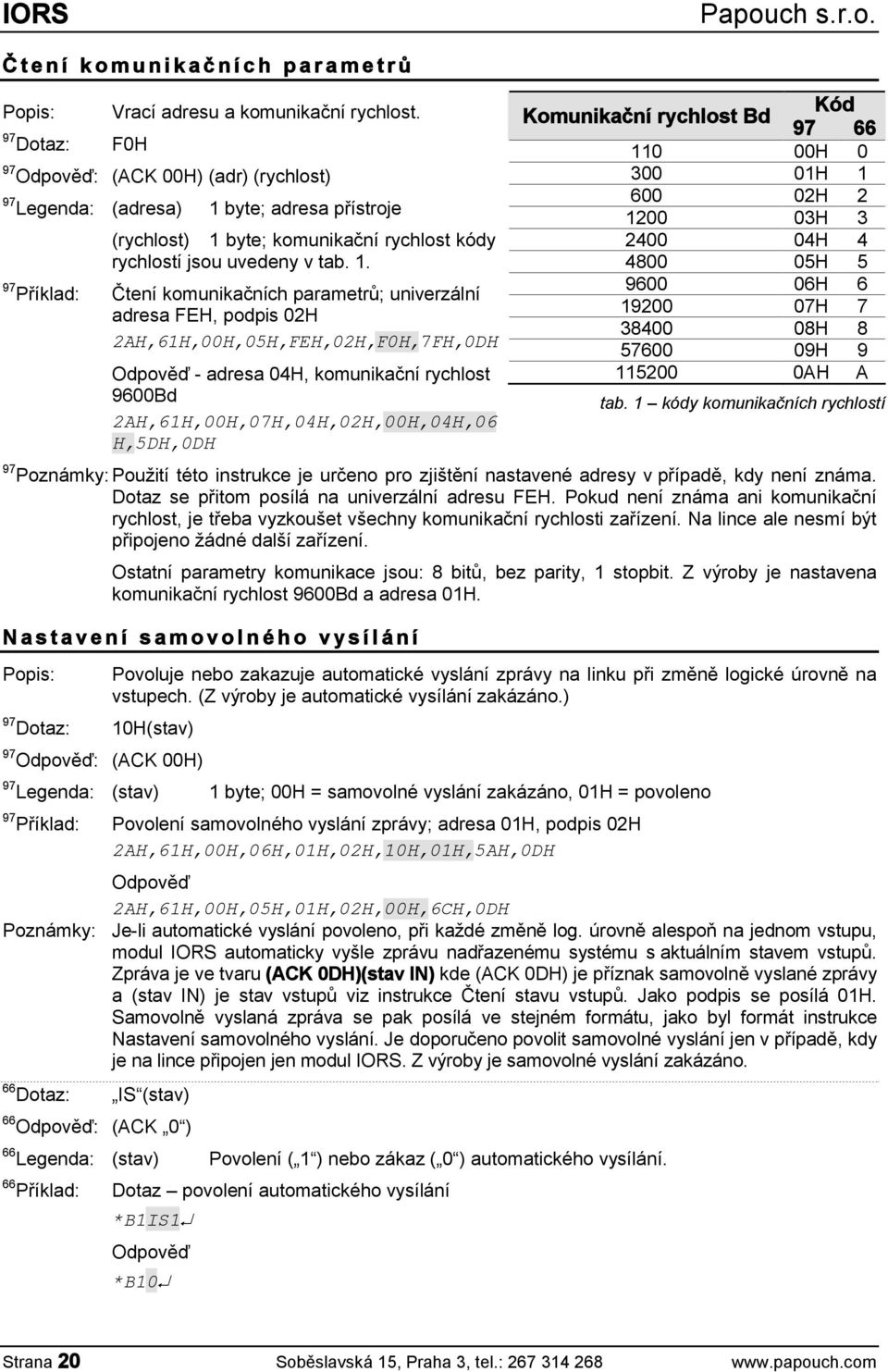 byte; adresa přístroje (rychlost) 1 