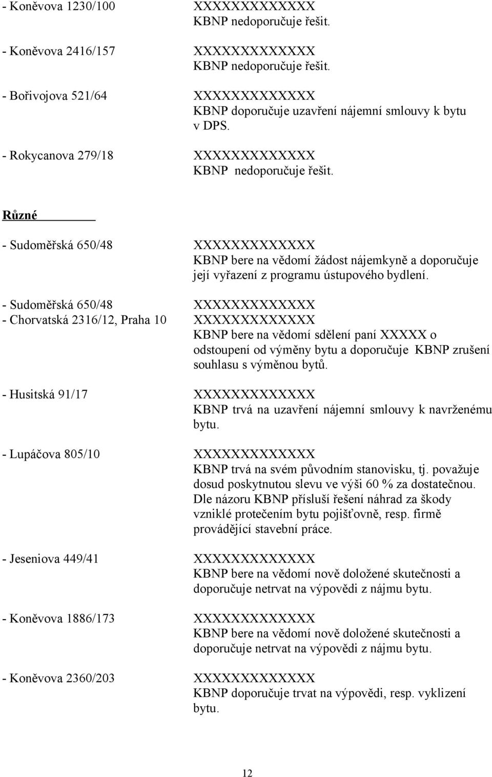 Sudoměřská 650/48 XXXXXXXXXXXXX Chorvatská 2316/12, Praha 10 XXXXXXXXXXXXX KBNP bere na vědomí sdělení paní XXXXX o odstoupení od výměny bytu a doporučuje KBNP zrušení souhlasu s výměnou bytů.
