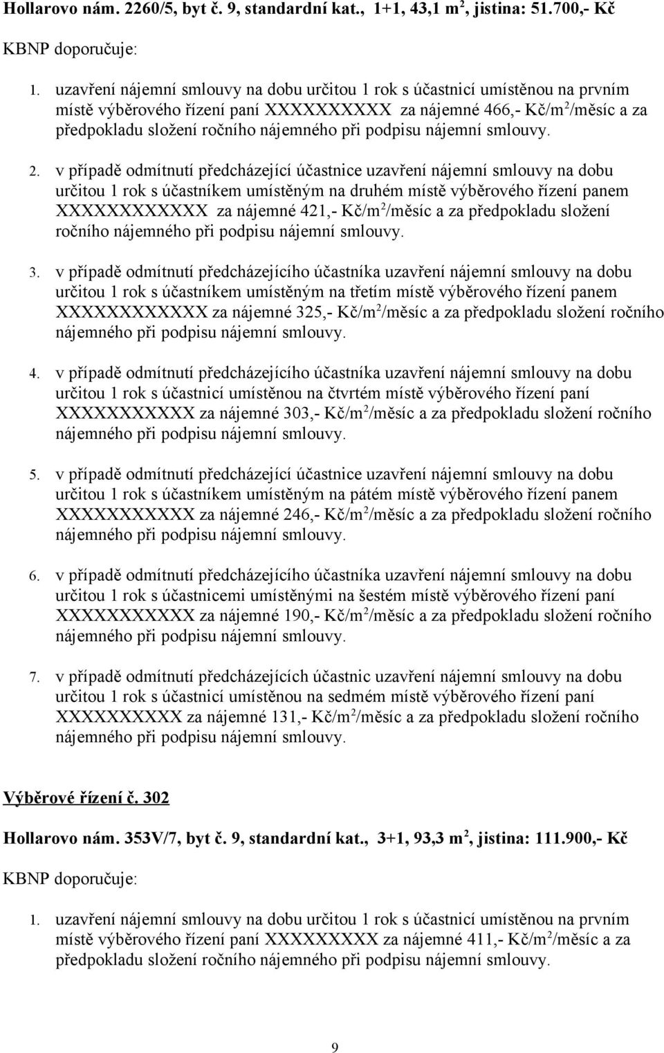 v případě odmítnutí předcházející účastnice uzavření nájemní smlouvy na dobu určitou 1 rok s účastníkem umístěným na druhém místě výběrového řízení panem XXXXXXXXXXXX za nájemné 421, Kč/m 2 /měsíc a