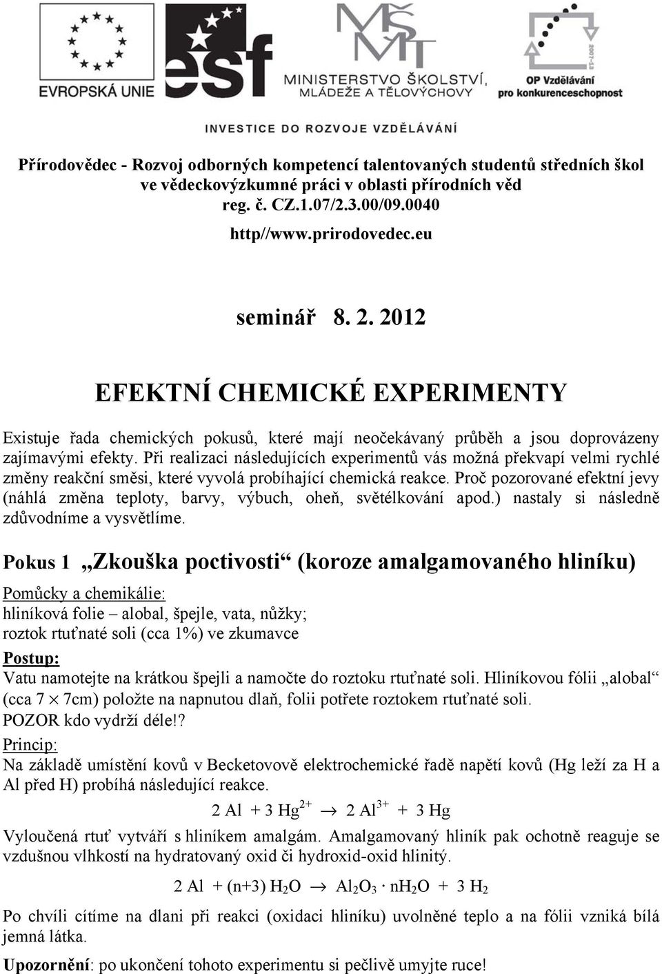 Při realizaci následujících experimentů vás možná překvapí velmi rychlé změny reakční směsi, které vyvolá probíhající chemická reakce.