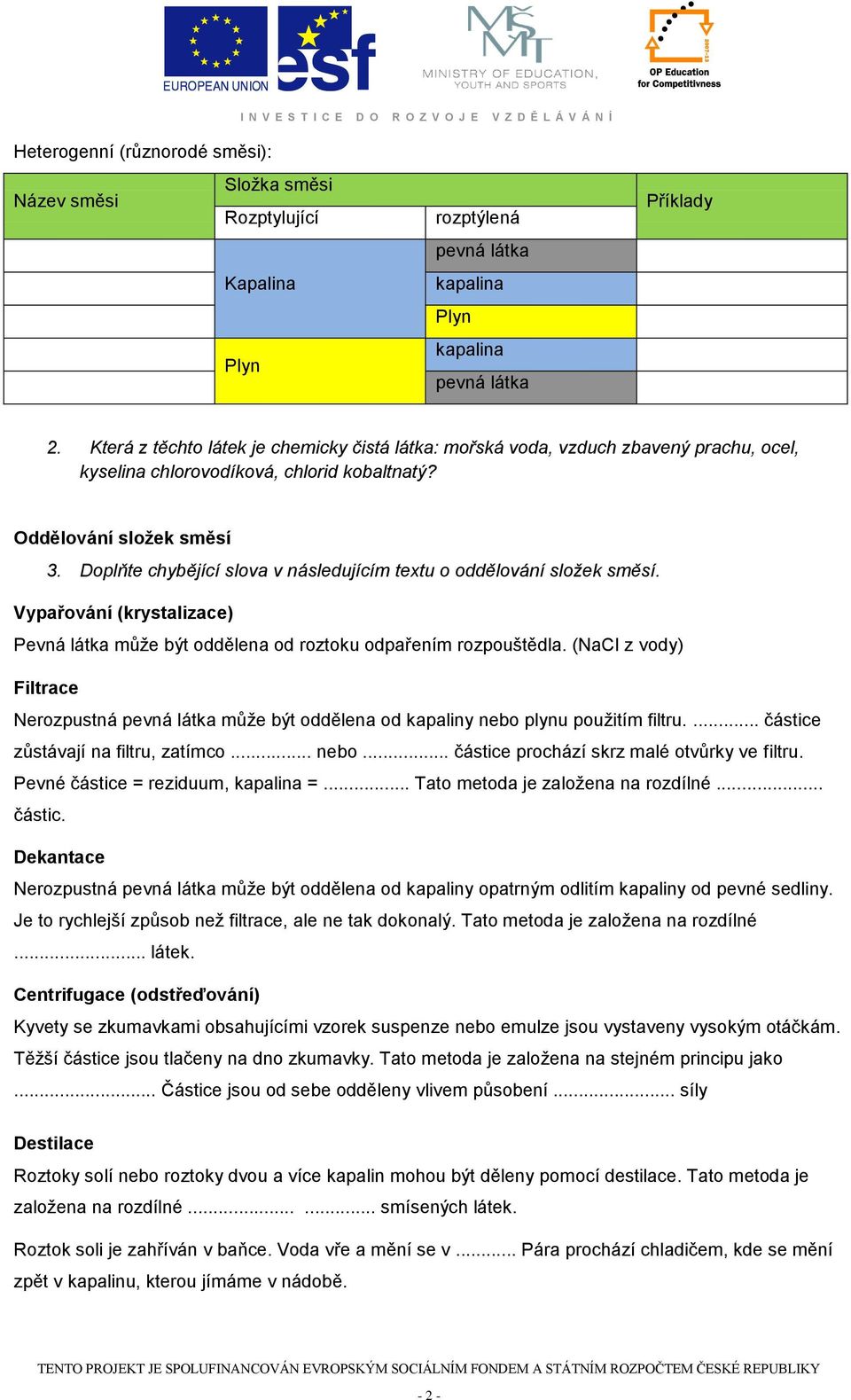 Doplňte chybějící slova v následujícím textu o oddělování složek směsí. Vypařování (krystalizace) Pevná látka může být oddělena od roztoku odpařením rozpouštědla.