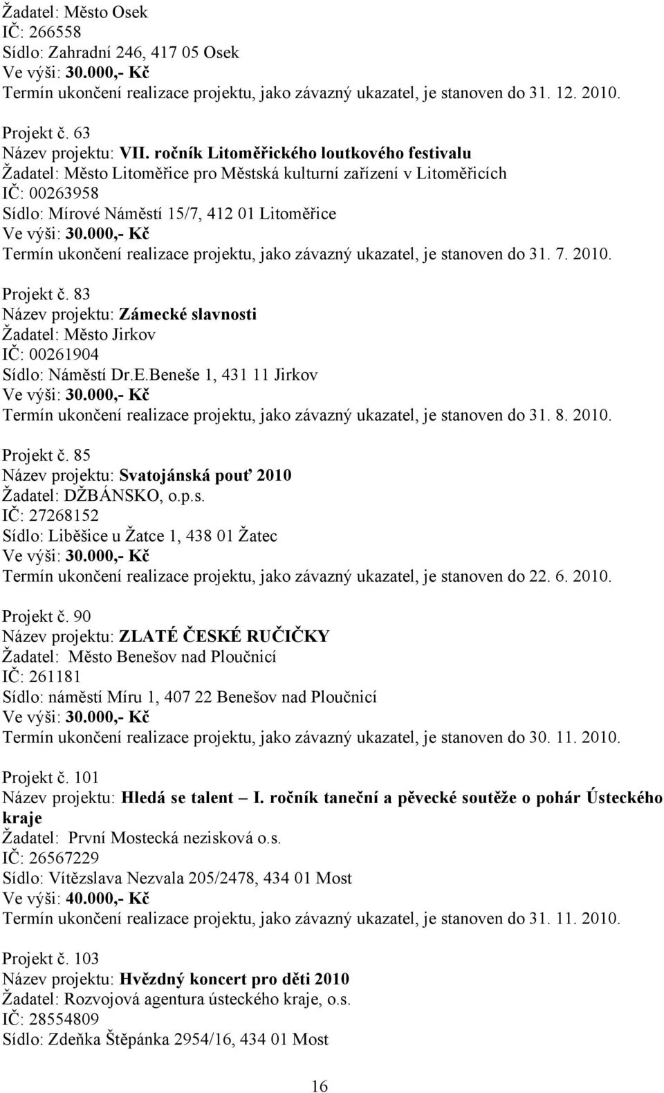 ročník Litoměřického loutkového festivalu Žadatel: Město Litoměřice pro Městská kulturní zařízení v Litoměřicích IČ: 00263958 Sídlo: Mírové Náměstí 15/7, 412 01 Litoměřice Ve výši: 30.