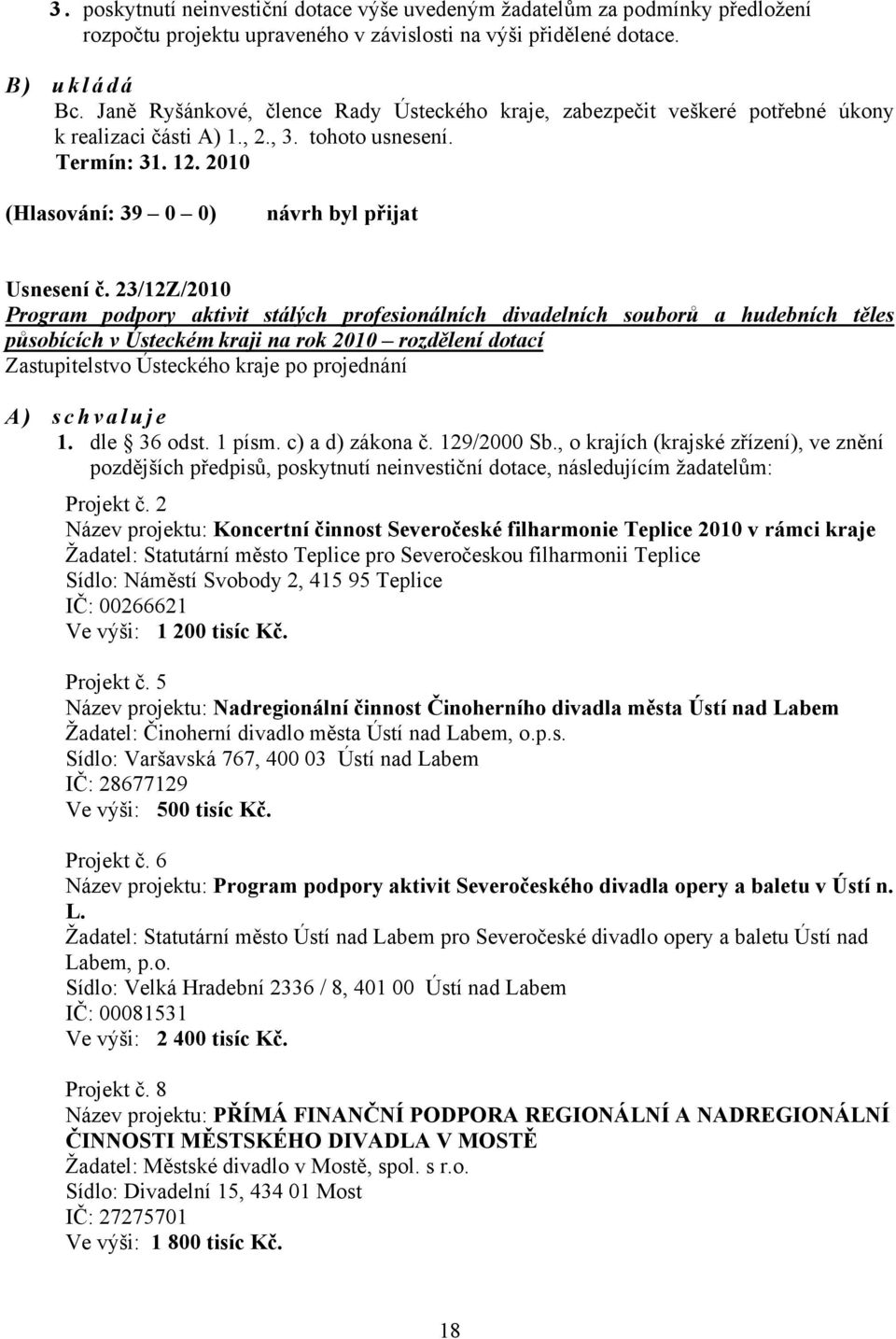 23/12Z/2010 Program podpory aktivit stálých profesionálních divadelních souborů a hudebních těles působících v Ústeckém kraji na rok 2010 rozdělení dotací Zastupitelstvo Ústeckého kraje po projednání