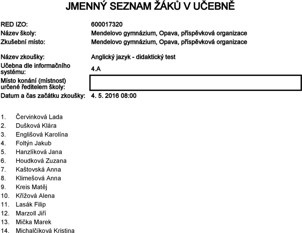 2016 08:00 1. Červinková Lada 2. Dušková Klára 3. Englišová Karolína 4. Foltýn Jakub 5. Hanzlíková Jana 6. Houdková Zuzana 7.