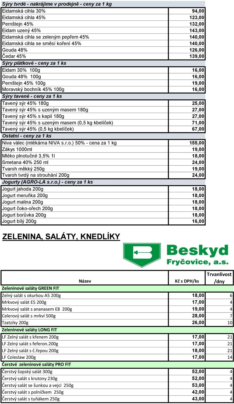 tavené - ceny za 1 ks Tavený sýr 45% 180g 25,00 Tavený sýr 45% s uzeným masem 180g 27,00 Tavený sýr 45% s kapií 180g 27,00 Tavený sýr 45% s uzeným masem (0,5 kg kbelíček) 71,00 Tavený sýr 45% (0,5 kg