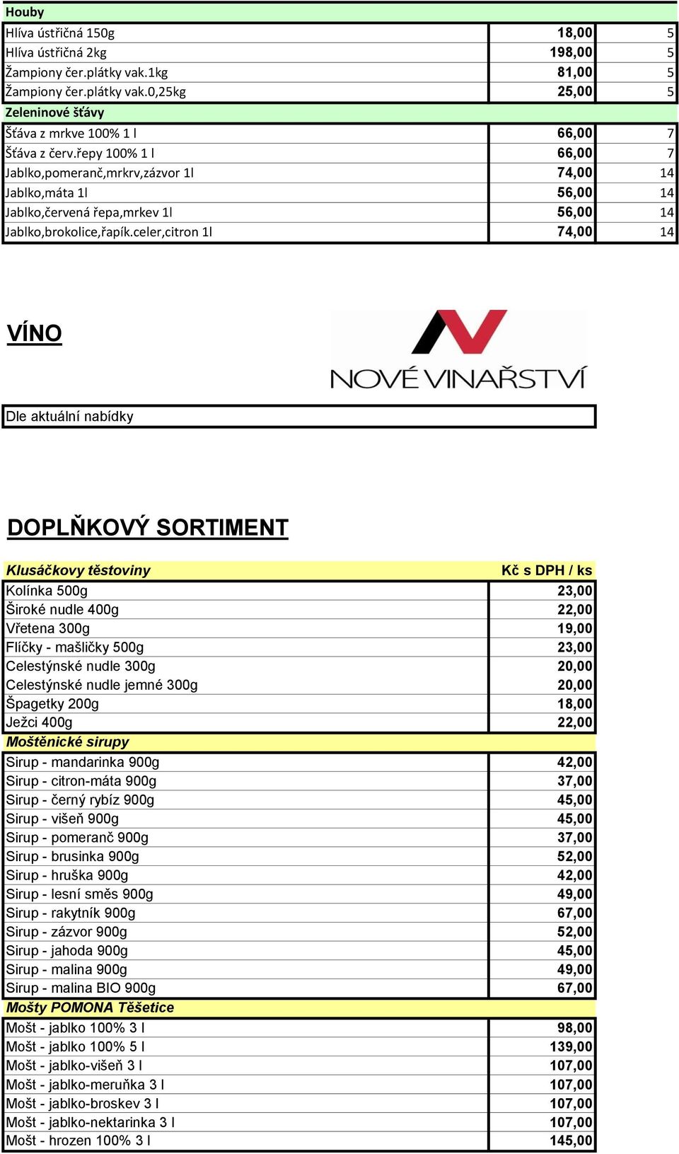 celer,citron 1l 74,00 14 VÍNO Dle aktuální nabídky DOPLŇKOVÝ SORTIMENT Klusáčkovy těstoviny Kč s DPH / ks Kolínka 500g 23,00 Široké nudle 400g 22,00 Vřetena 300g 19,00 Flíčky - mašličky 500g 23,00