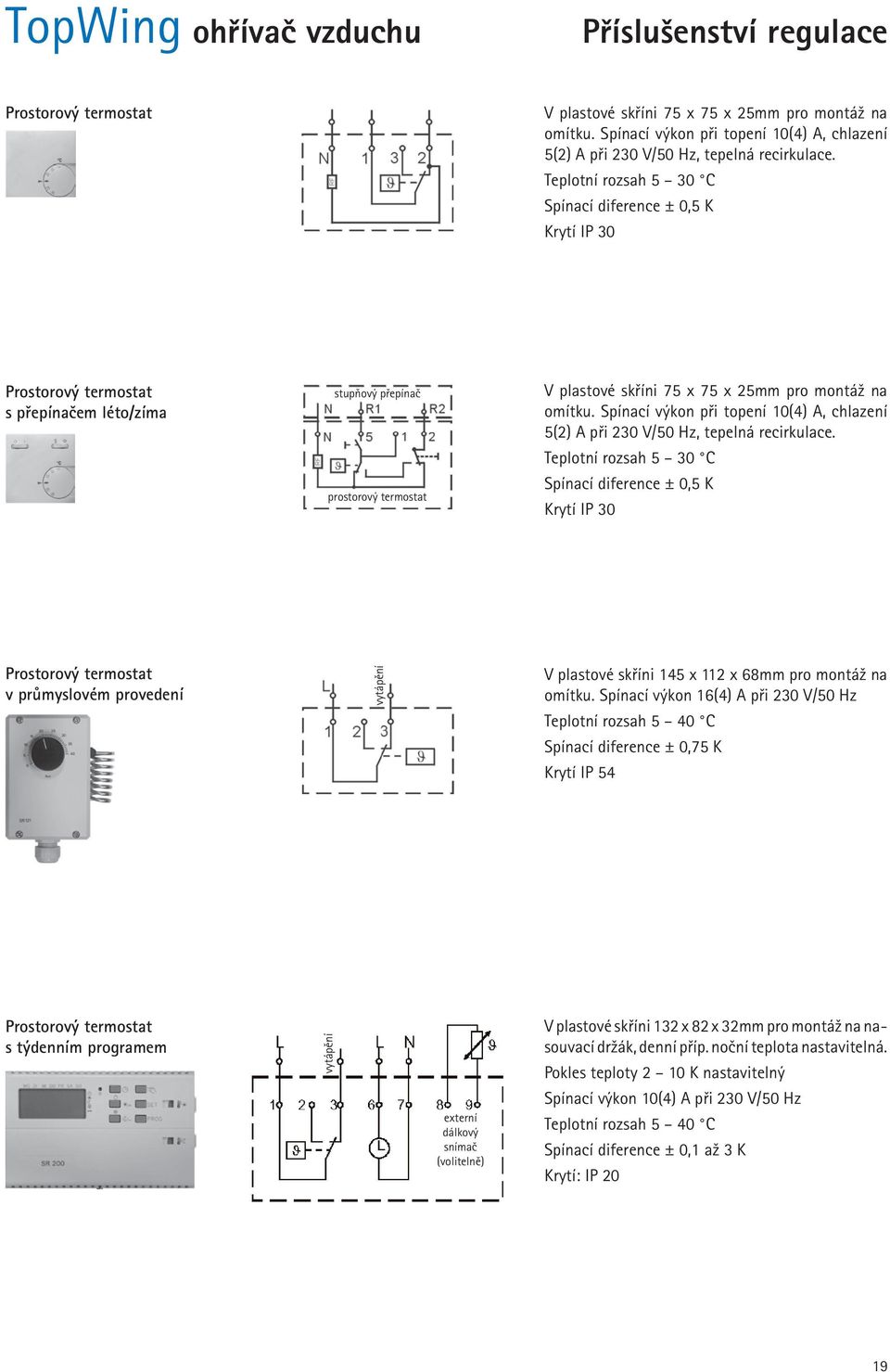 Teplotní rozsah 5 0 C Spínací diference ± 0,5 K Krytí IP 0 Prostorový termostat s přepínačem léto/zíma stupňový přepínač prostorový termostat V plastové skříni 75 x 75 x 5mm pro montáž na omítku.