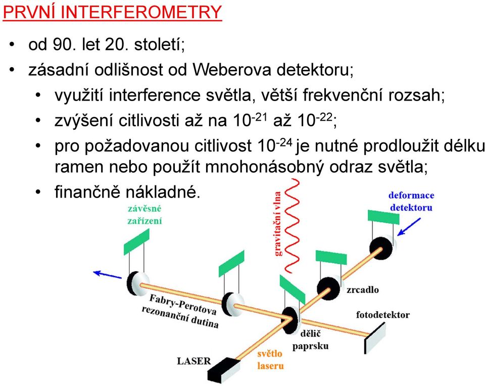 světla, větší frekvenční rozsah; zvýšení citlivosti až na 10-21 až 10-22 ;