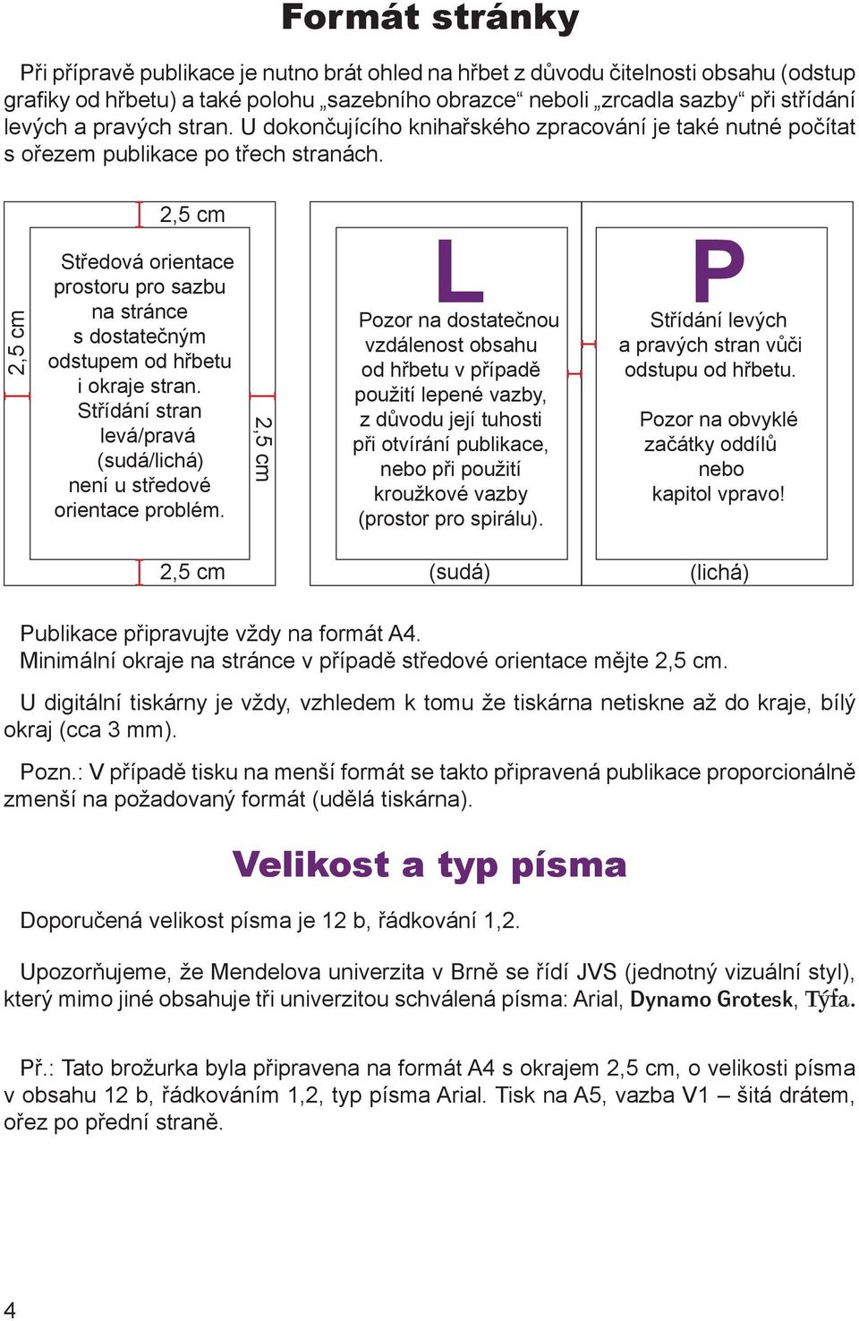 2,5 cm 2,5 cm Středová orientace prostoru pro sazbu na stránce s dostatečným odstupem od hřbetu i okraje stran. Střídání stran levá/pravá (sudá/lichá) není u středové orientace problém.