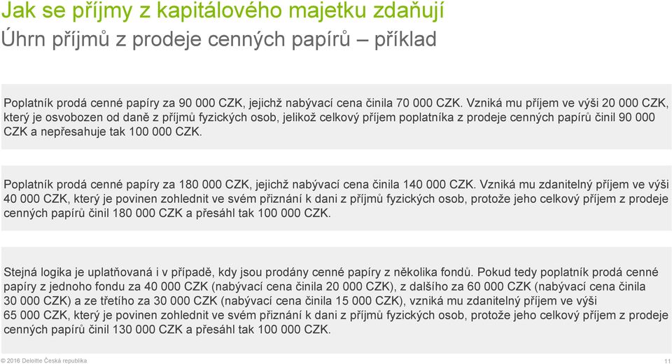Poplatník prodá cenné papíry za 180 000 CZK, jejichž nabývací cena činila 140 000 CZK.