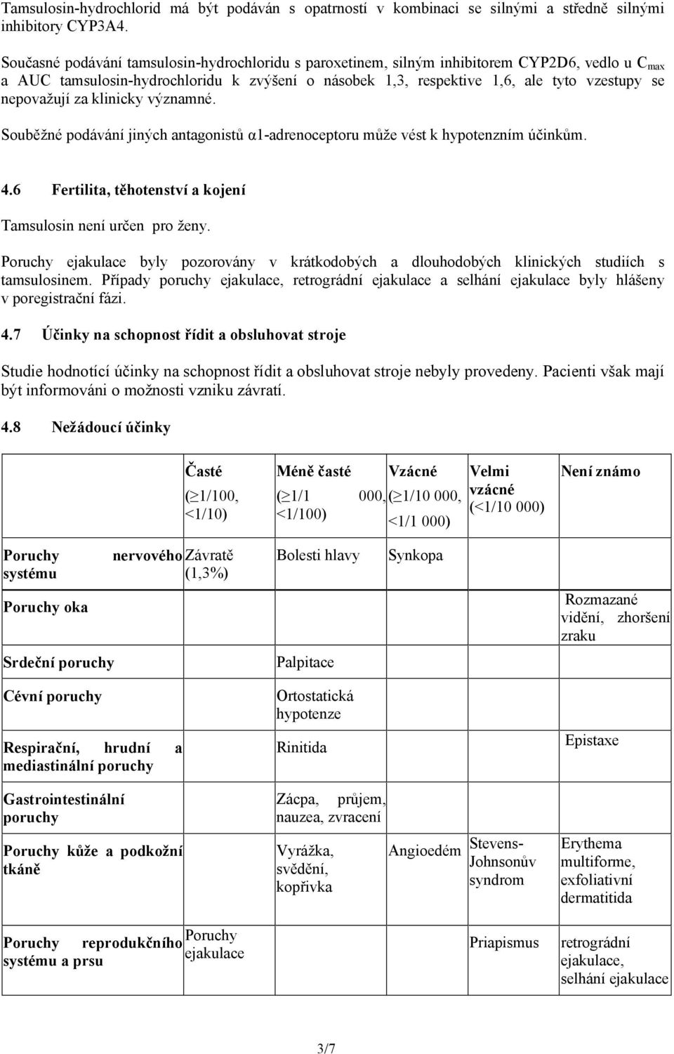 nepovažují za klinicky významné. Souběžné podávání jiných antagonistů α1-adrenoceptoru může vést k hypotenzním účinkům. 4.6 Fertilita, těhotenství a kojení Tamsulosin není určen pro ženy.