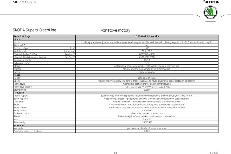 Kompresní poměr 16,2 : 1 Exhalační norma EU 6 Plnění elektronicky řízené vysokotlaké vstřikování systémem common-rail Mazání tlakové oběžné s plnoprůtokovým čističem oleje Palivo motorová nafta pohon