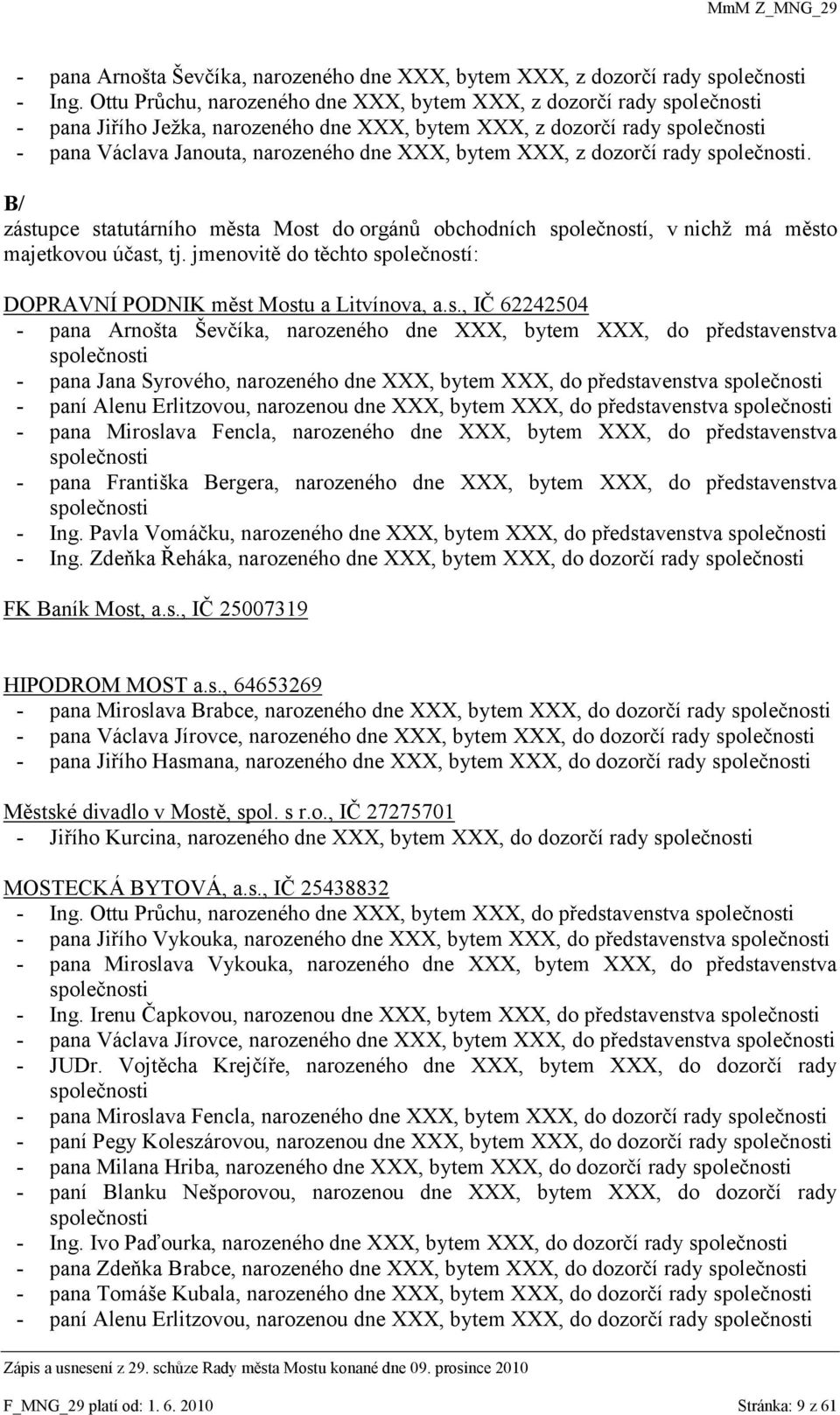 XXX, z dozorčí rady společnosti. B/ zástupce statutárního města Most do orgánů obchodních společností, v nichţ má město majetkovou účast, tj.