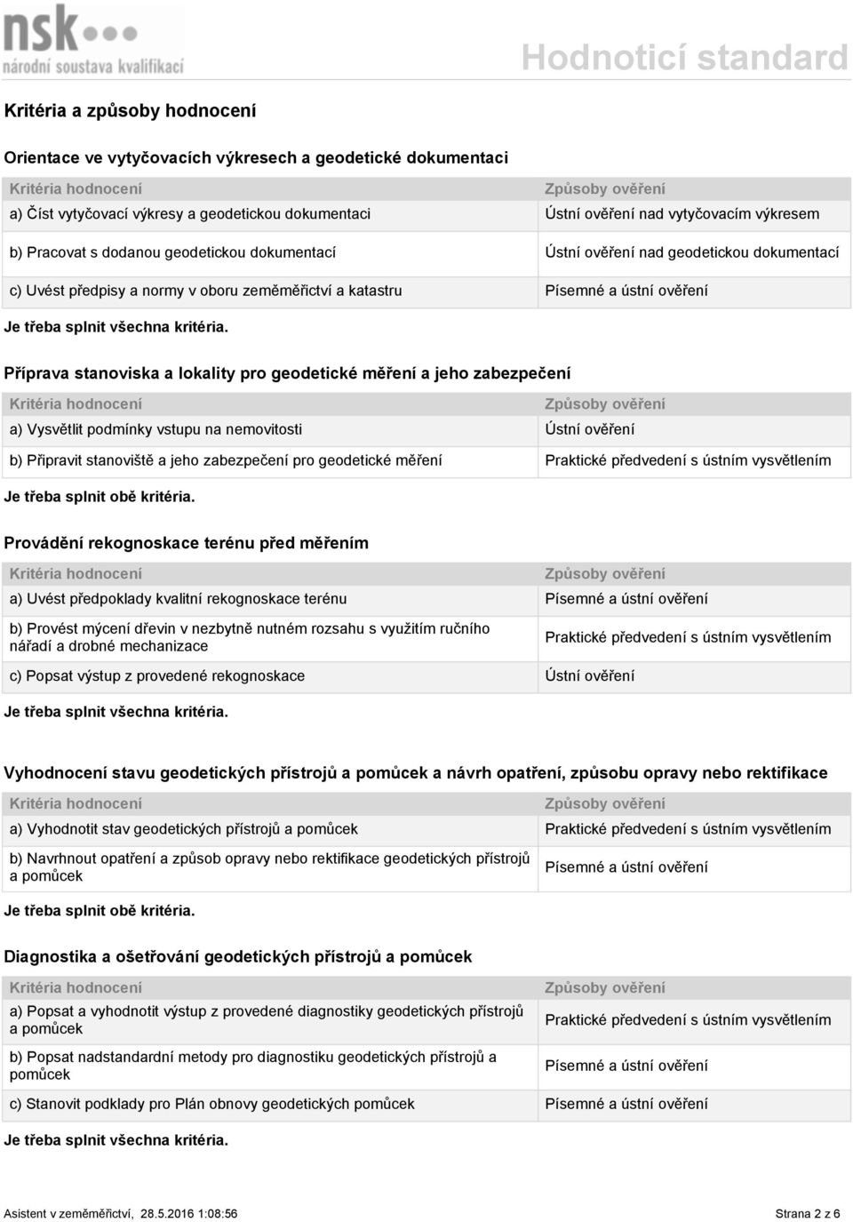 zabezpečení a) Vysvětlit podmínky vstupu na nemovitosti Ústní ověření b) Připravit stanoviště a jeho zabezpečení pro geodetické měření Provádění rekognoskace terénu před měřením a) Uvést předpoklady