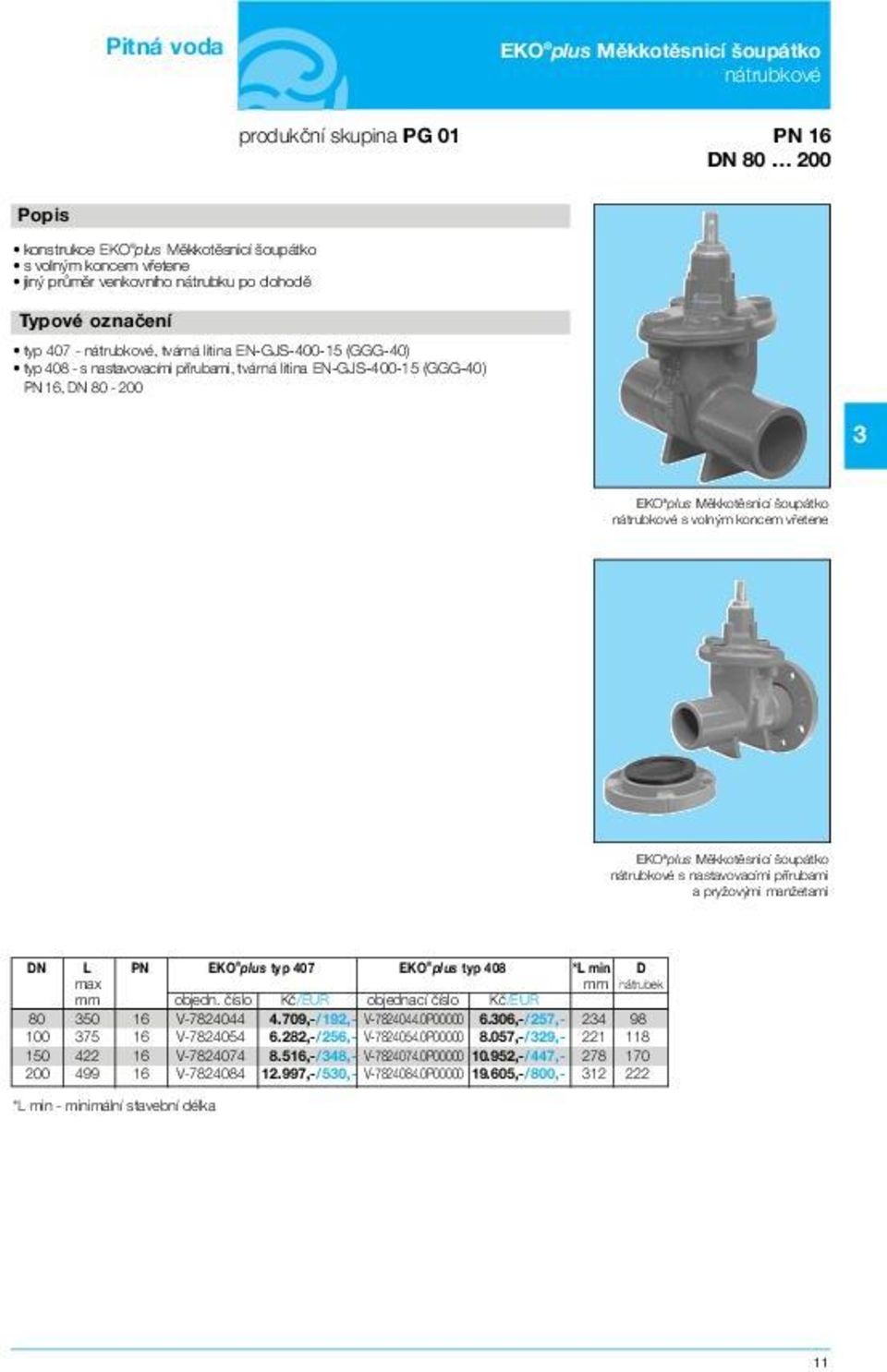 vfietene EKO plus Mûkkotûsnicí oupátko nátrubkové s nastavovacími pfiírubami a pryïov mi manïetami DN L PN EKO plus typ 407 EKO plus typ 408 *L min D max mm nátrubek mm objedn.